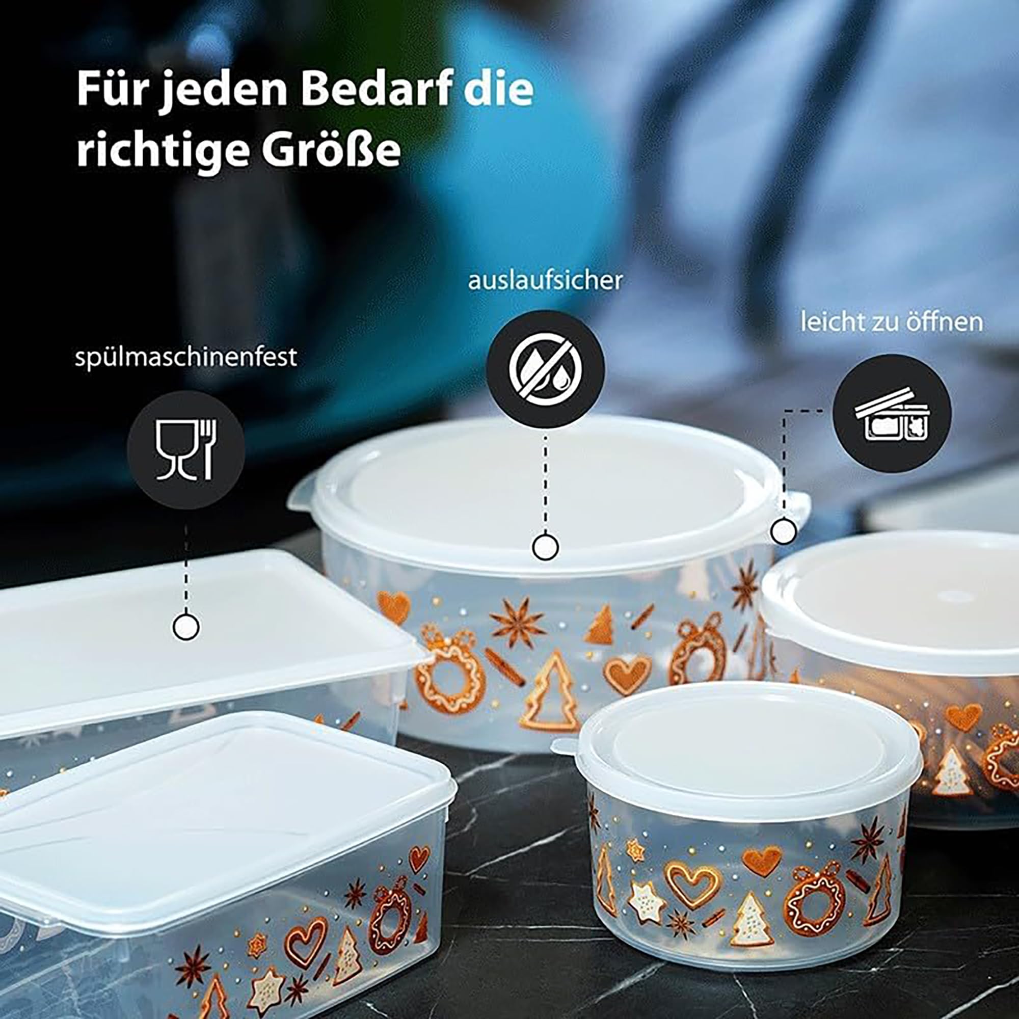 MiraHome Lot de 4 boîtes à biscuits rectangulaires avec design pain d'épices - Transparentes - 2,5 l - Idéales comme boîte à biscuits pour Noël - Boîte à biscuits pour la période de Noël