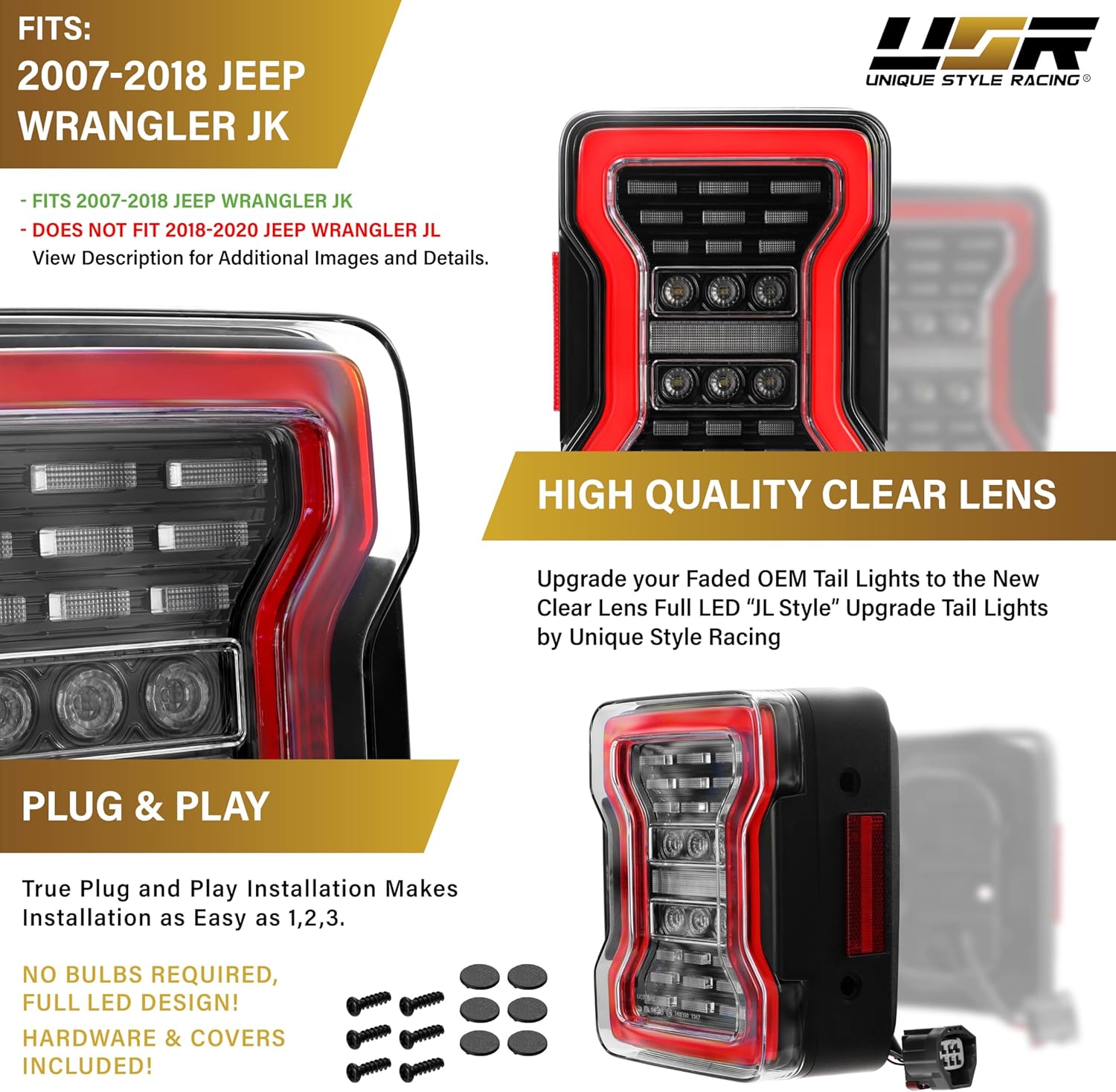 USR 07-18 JK/JKU SUV Rear Tail Lamps 2pc Set (Left + Right) Compatible with 2007-2018 Jeep Wrangler 2D/4D Sport Utility Vehicle (LATEST JL STYLE LIGHT BAR TAIL LIGHT FULL LED WITH CLEAR LENS)