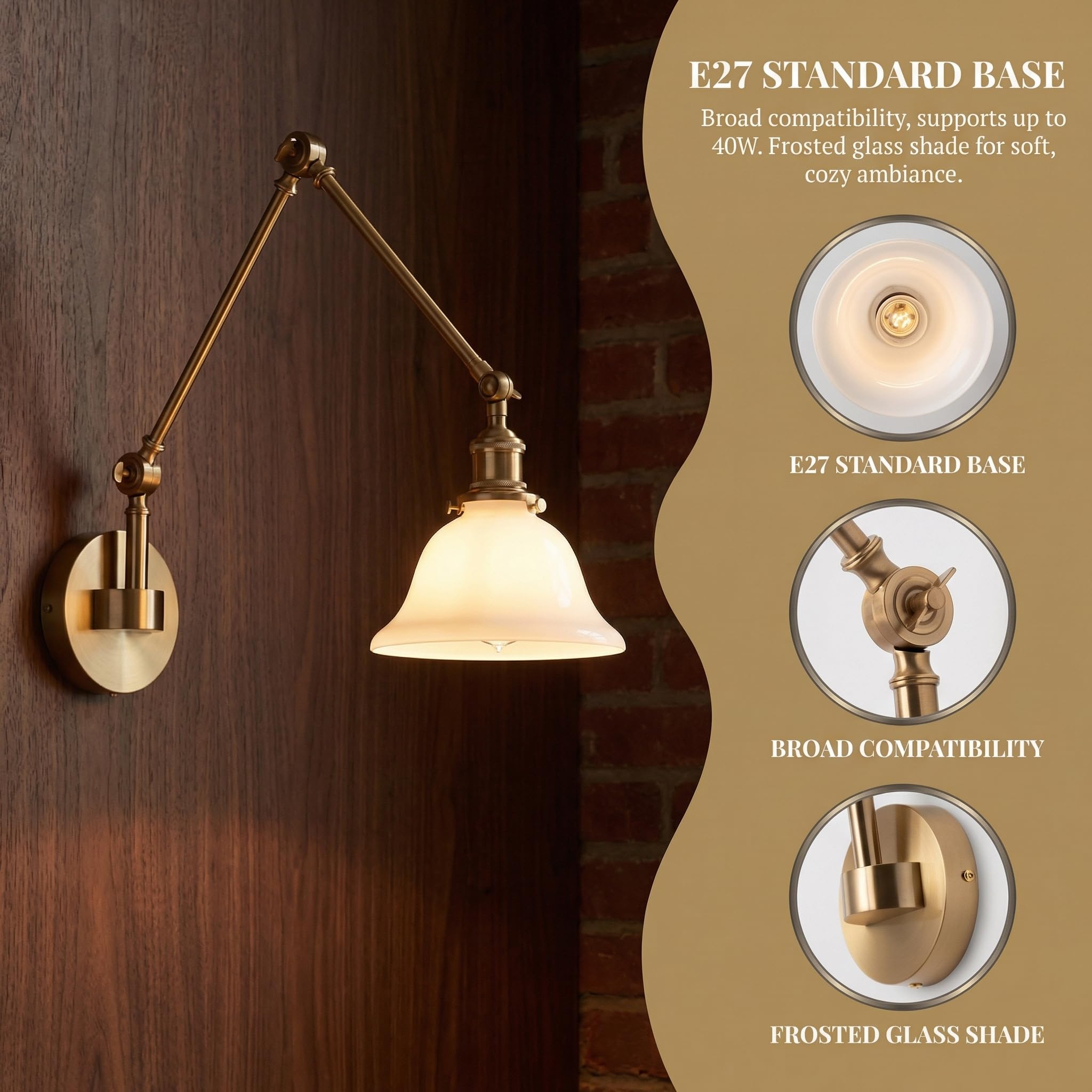 BARCELONA LED Wandlampe mit Gelenkarm in Gold/Kupfer und Weißem Glaslampenschirm, Vintage Industriestil, Retro, Modern und Minimalistisch, Ideal für Schlafzimmer, Wohnzimmer, Esszimmer und Büro