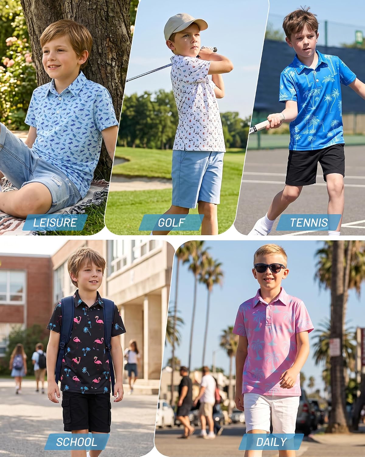 Runhit Boys Golf Polo Shirts Short Sleeve Kids Performance Collared Print Shirt Youth Moisture Wicking Casual Polo Uniform