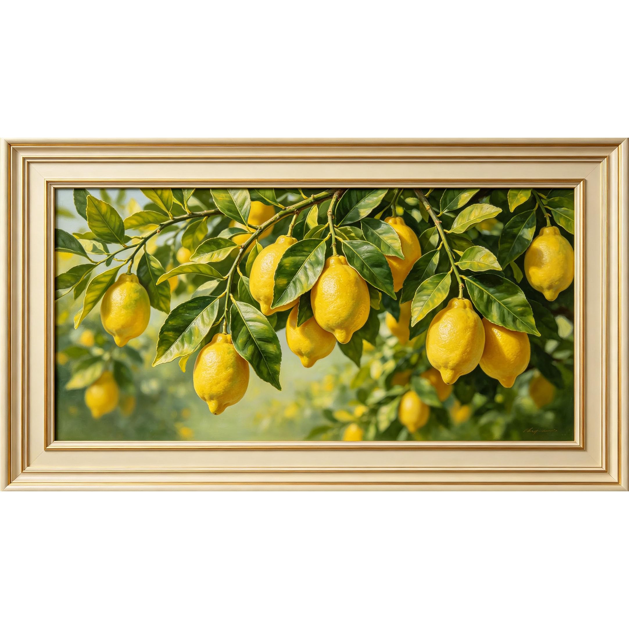 QZLITHOTIC 50x90cm3D Framed Wall Art， Botanical Lemon Tree Branches Self‑Adhesive Mural， Water‑Activated Peel & Stick Fabric Decor Wall Decal for Bedroom Living Room