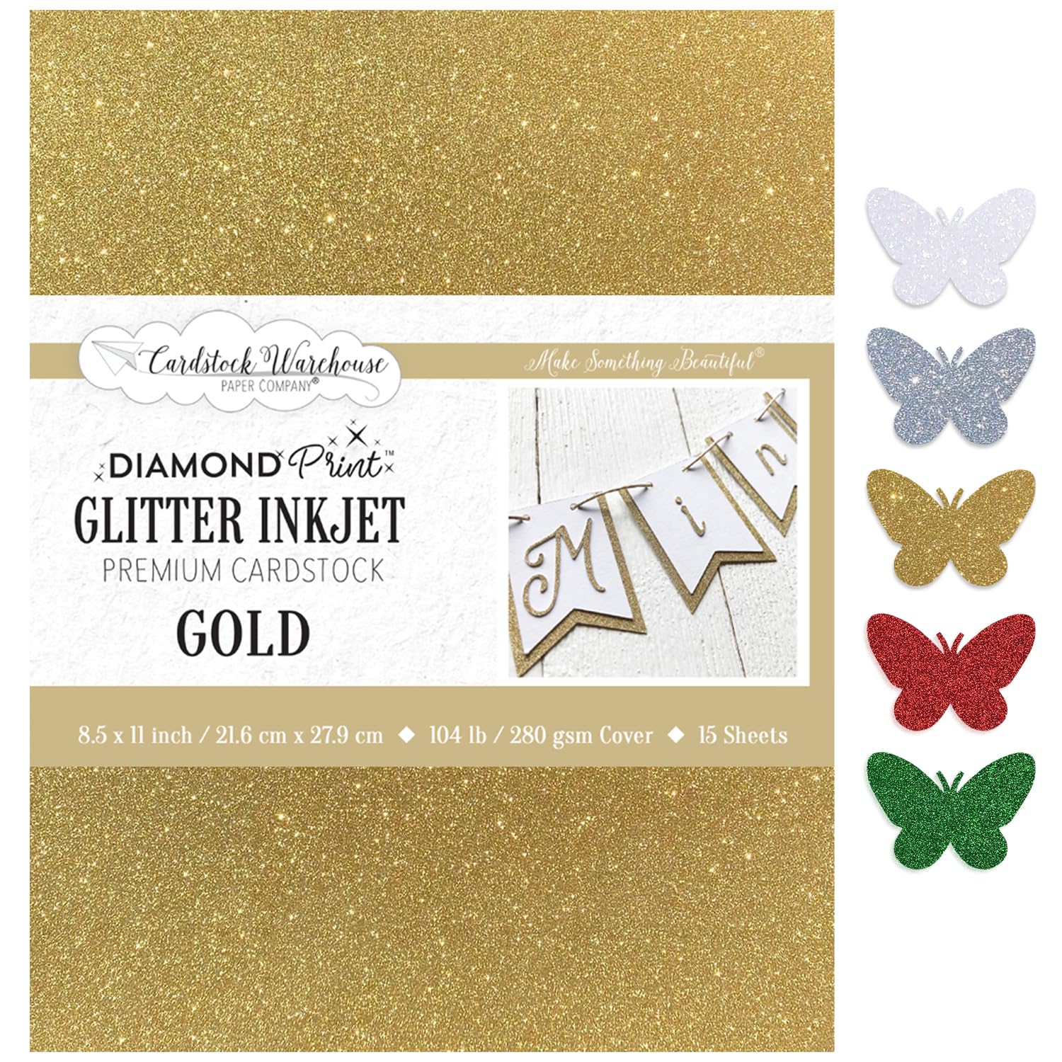 Cardstock Warehouse Diamond Print Inkjet Glitter - Premium Gold Glitter Cardstock Paper – 15 Sheets, 8.5 x 11" - 104 lb/280 GSM for Inkjet Printing, Die-Cutting, Card Making, Crafts, and DIY Projects