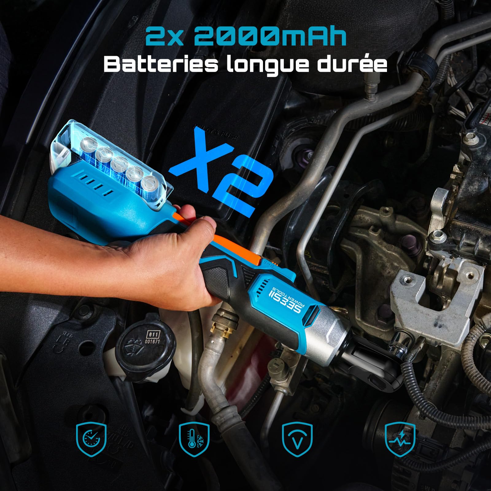 Seesii 3/8" Clé à cliquet électrique, 80 Nm 21V Max & 2×2,0 Ah batteries, 0–300 tr/min Jeu de clés à cliquet sans fil comprenant jeu de douilles 10 à 17 mm, adaptateurs 1/4" & 1/2" et rallonge de 3"