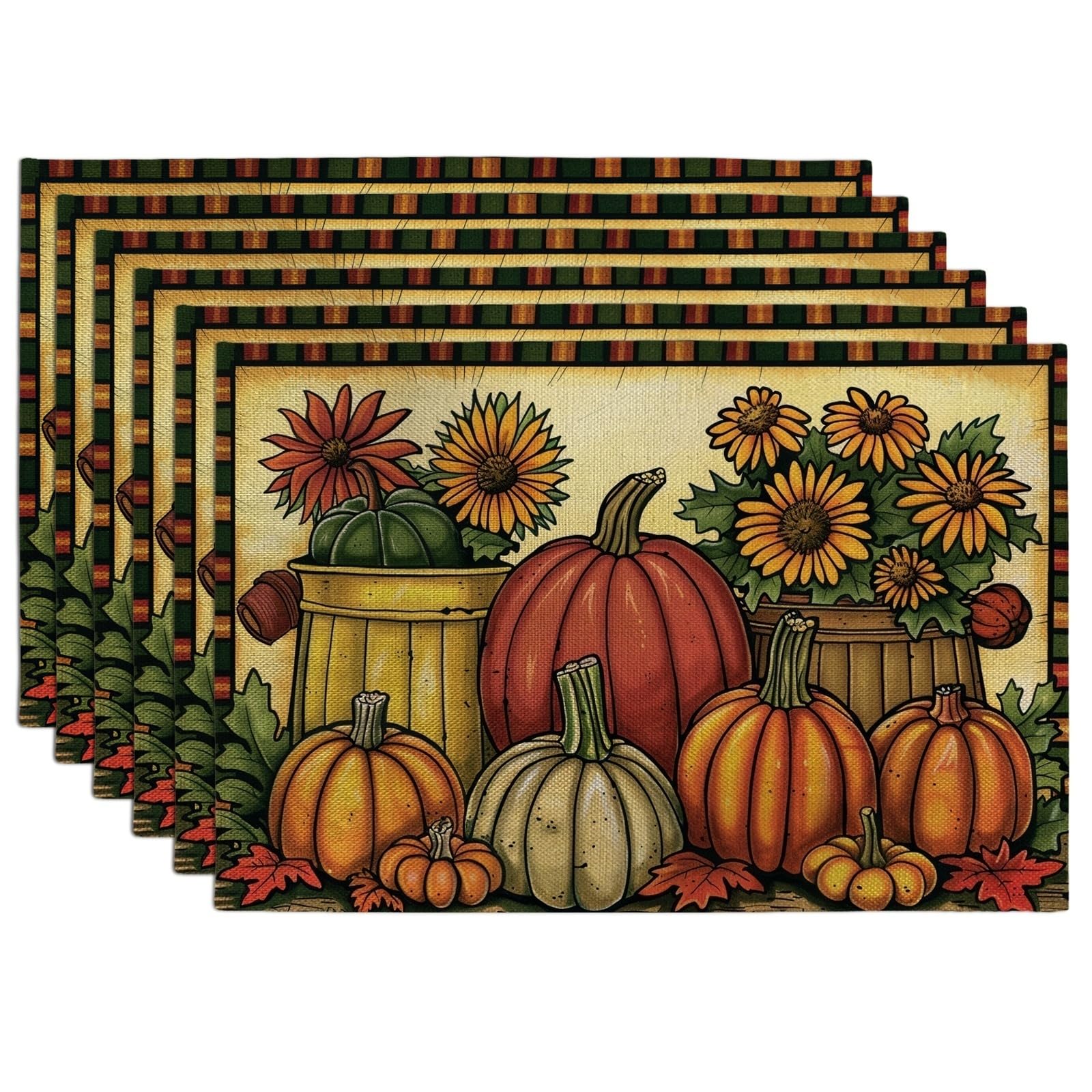 Fall Pumpkin Harvest Placemats, Orange Country Floral Place mats for Dining Table, Non-Slip Washable Indoor Outdoor Party Decorative Placemat Set of 6