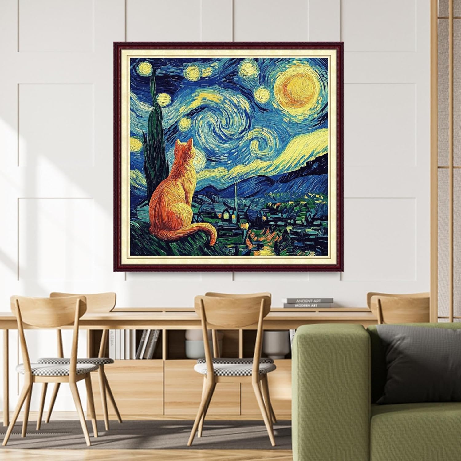Stamped Cross Stitch Kits for Adults 11CT Printed Cross-Stitch Patterns Embroidery Kits Easy Cross Stitching Needlepoint Kits&Cat admires Van Gogh's starry sky 18x18 inch
