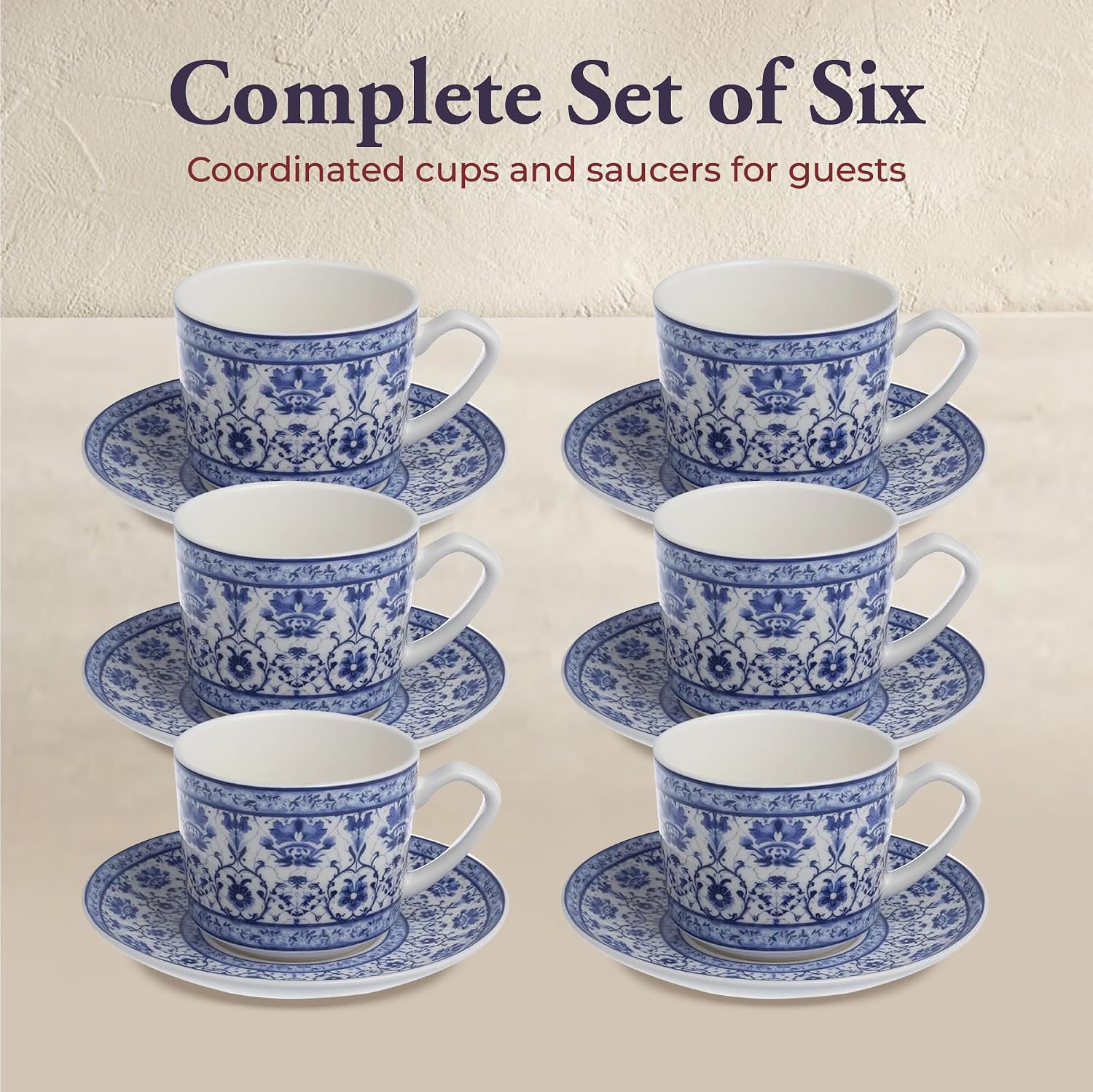 Zagara Home Mardin Porcelain Coffee Cup Set of 6, Espresso Cups and Saucers Set, Turkish Coffee Cups, French Coffee Cups, Lightweight Porcelain Vintage Small Cups for Coffee and Tea