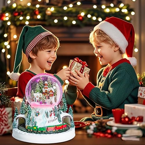 Miniatura 7 de MUMTOP Globo de nieve de Navidad, casas de pueblo de Navidad con tren giratorio, escena de nieve iluminada que cambia de color, globos de nieve de