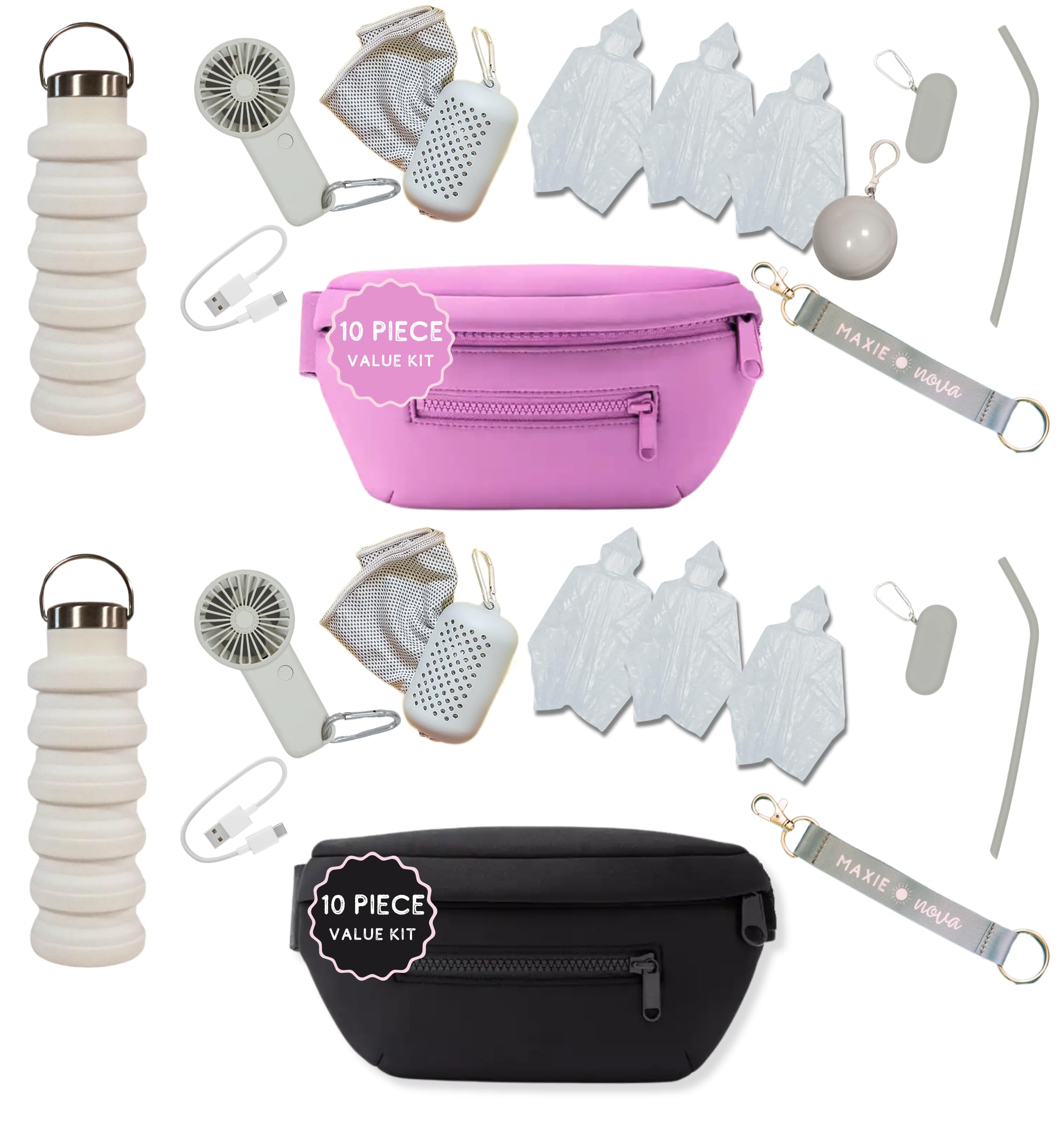Maxie & Nova 20 Pcs Theme Park Essentials Kit (Two Each: Fanny Pack, USB Fan, Collapsable Water Bottle, Cooling Towel, Silicone Straw, 3 Disposable