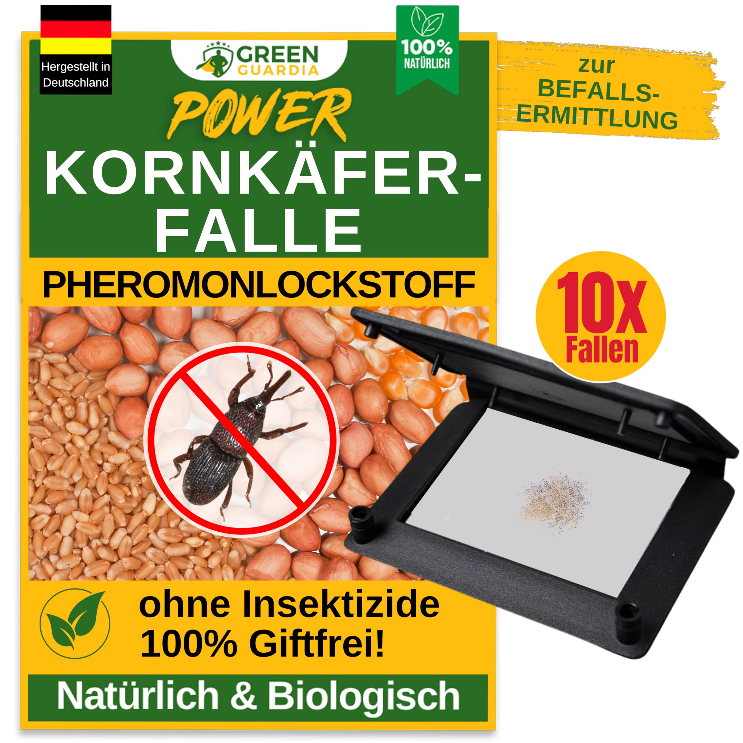 GREEN GUARDIA Kornkäfer Falle mit Pheromon-Lockstoff - 10x Fallen - umweltfreundlich Kornkäfer bekämpfen, Chemiefreie Pheromonfalle mit austauschbaren Klebeflächen, giftfrei und geruchsneutral