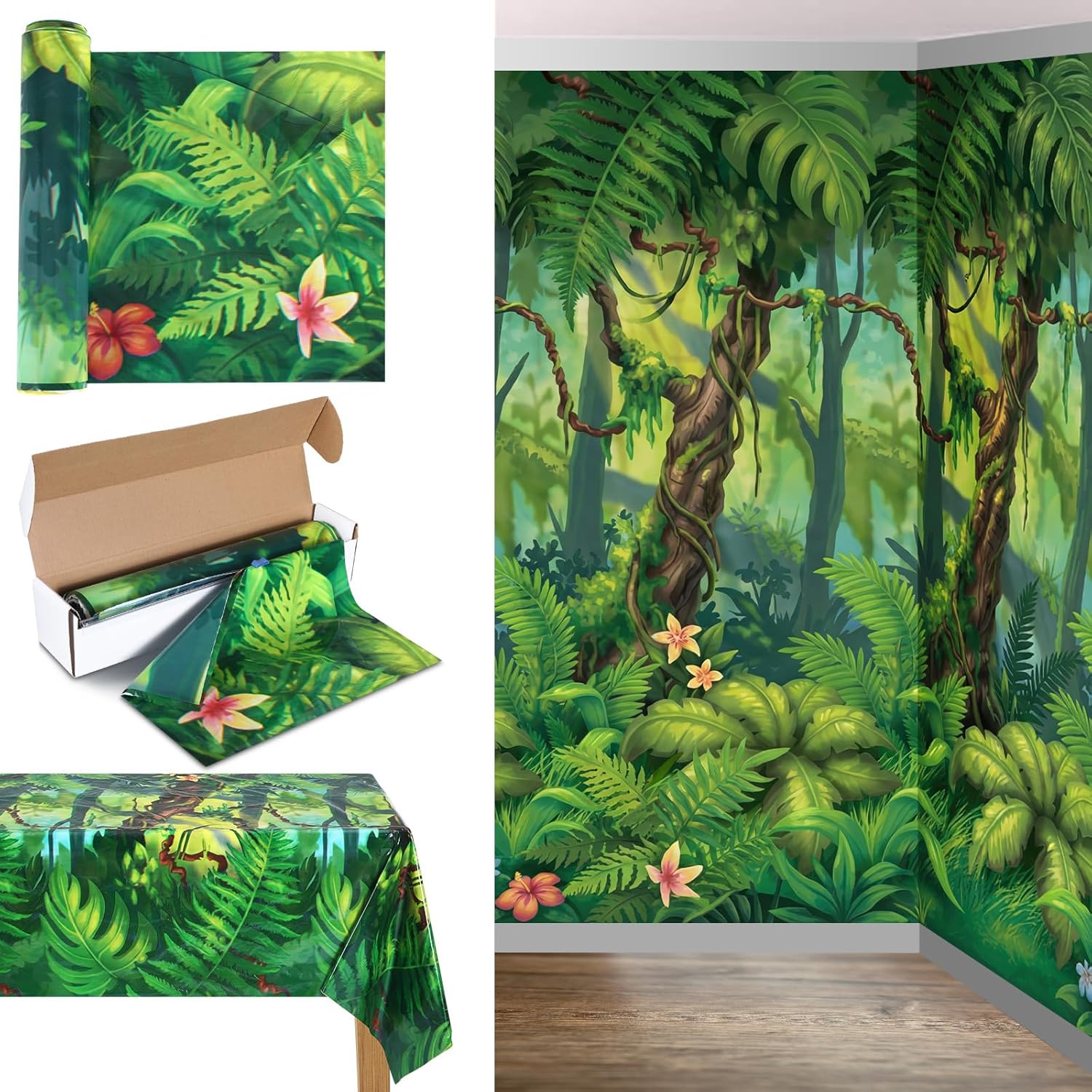 Oudain 54 Inch x 100 ft Rainforest Jungle Trees VBS 2026 Photo Wall Backdrop Tablecloth Roll with Cutter Box, Plastic Tablecloth for Rainforest Greenery Background Tropical Jungle Party Decor