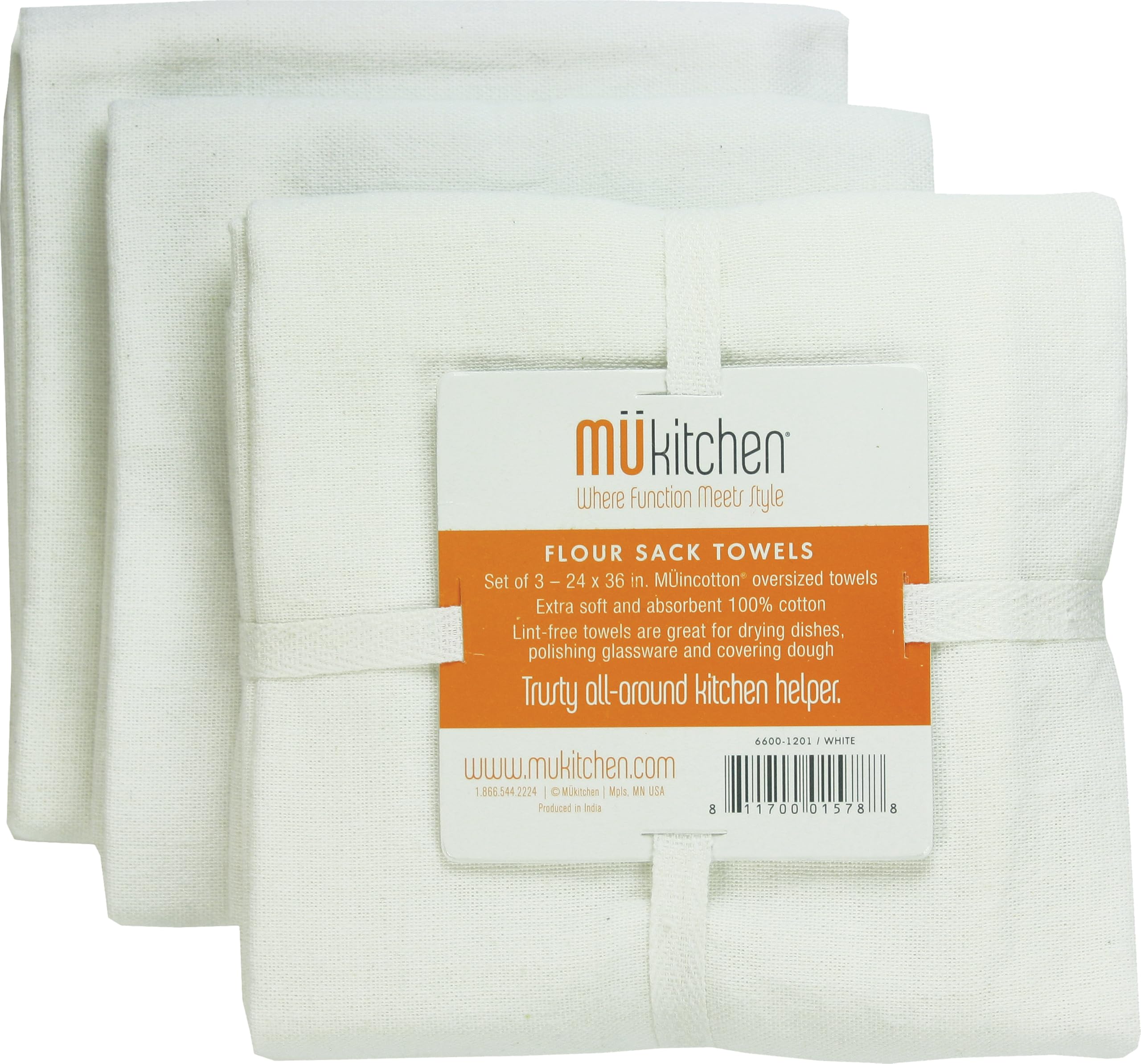 MU kitchen | Flour Sack Dish Towels Cotton | Extra Large Absorbent Towel for Kitchens | Washable and Reusable | Set of 6 | White