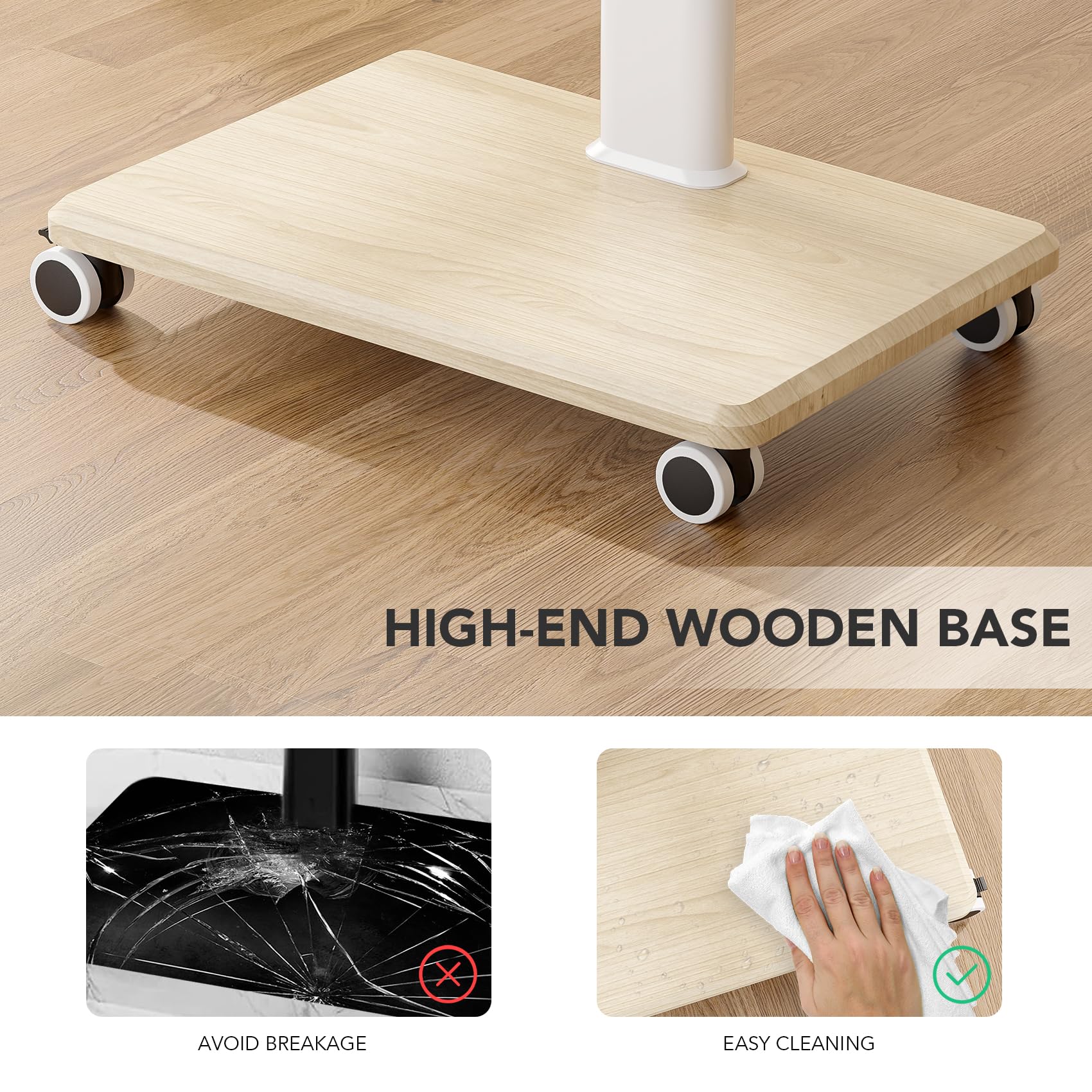 AX WABER Supporto TV da Pavimento Mobile con Ruote, per TV 27-65 Pollici, VESA 400x400, Carico 40kg, Design Bianco e Legno Chiaro