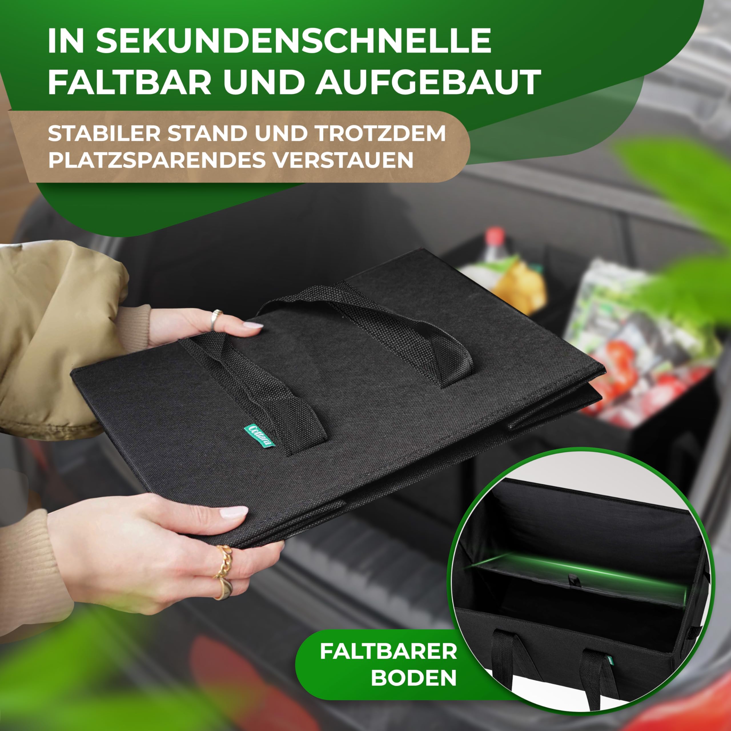 COTTARA® faltbare Einkaufstasche groß 3er Pack & Obstnetz – stabiler großer Einkaufskorb faltbar mit verstärktem Boden – Ideale Einkaufstasche für Einkaufswagen & Kofferraum – 80 L Schwarz