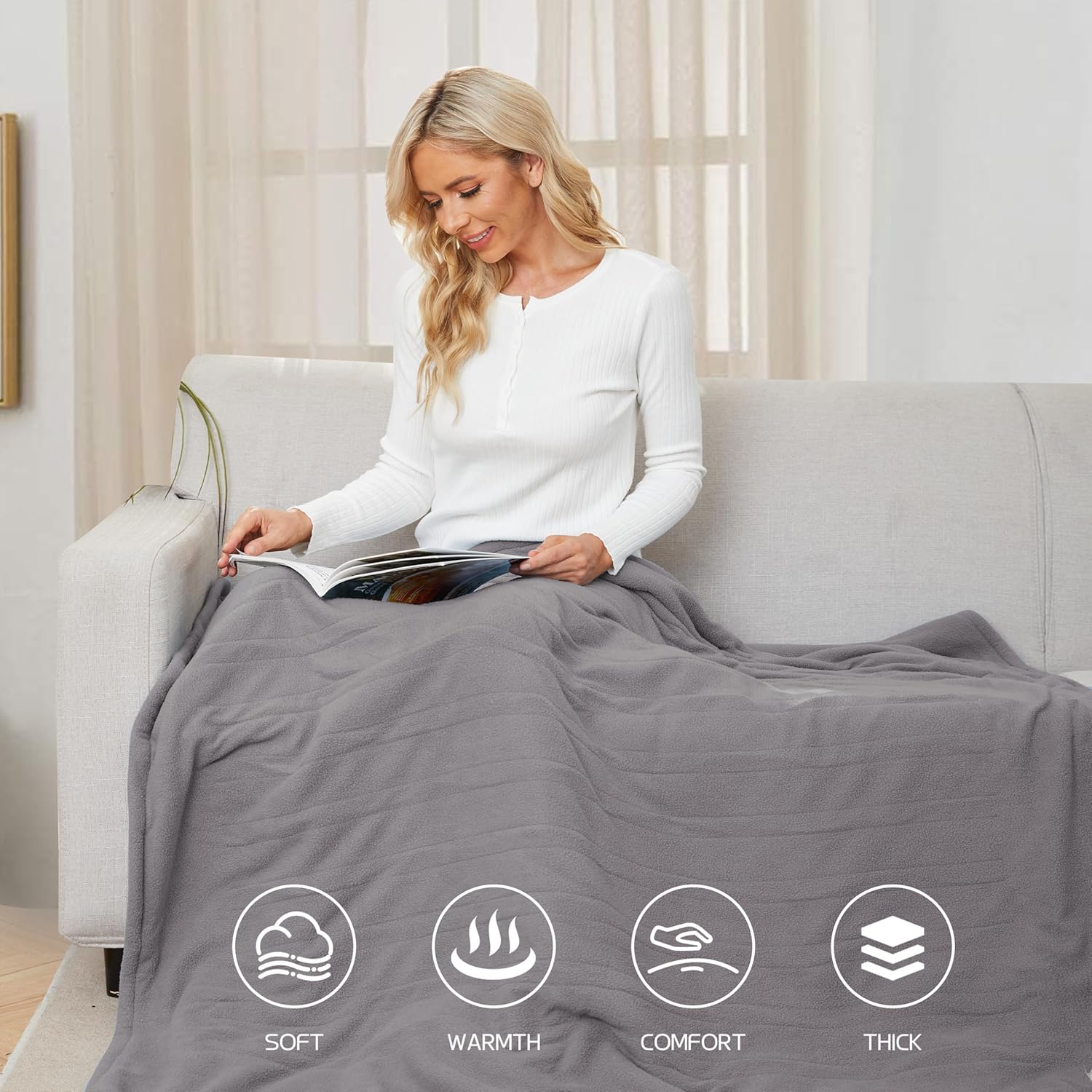 Heated Electric Throw Blanket 50" x 60" Size, Polar Fleece 4 Temperature Settings & 3 Hours Auto-Off Soft Fleece Cozy and Comfortable Machine Washable, Home Office Use - Light Grey