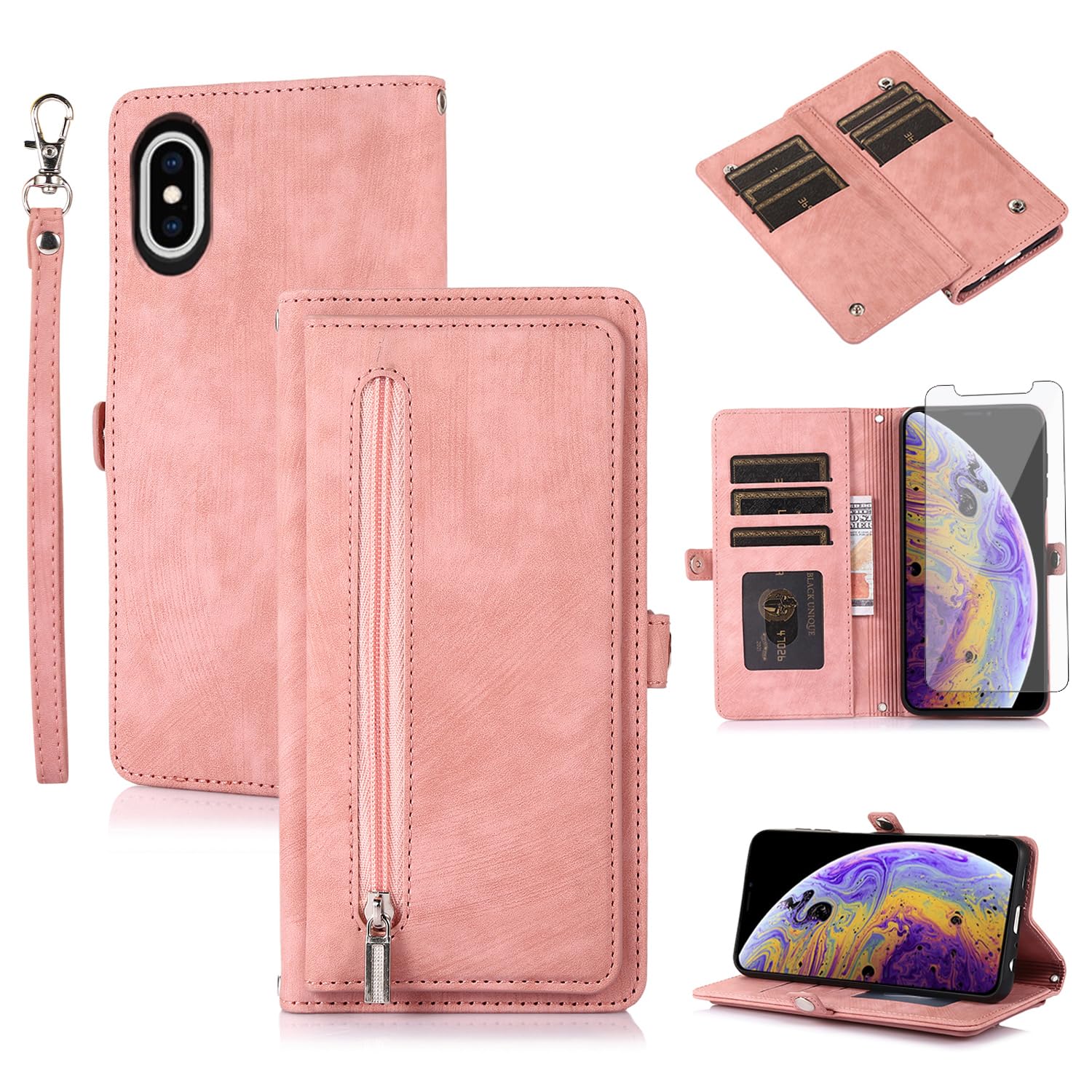 Asuwish Phone Case for iPhone Xs X 10 10s Wallet Cover With Tempered Glass Screen Protector and Flip Zipper Credit Card Holder Cell iPhoneX iPhoneXs iPhone10 i PhoneX SX 10x 10xs X’s Women Men Pink