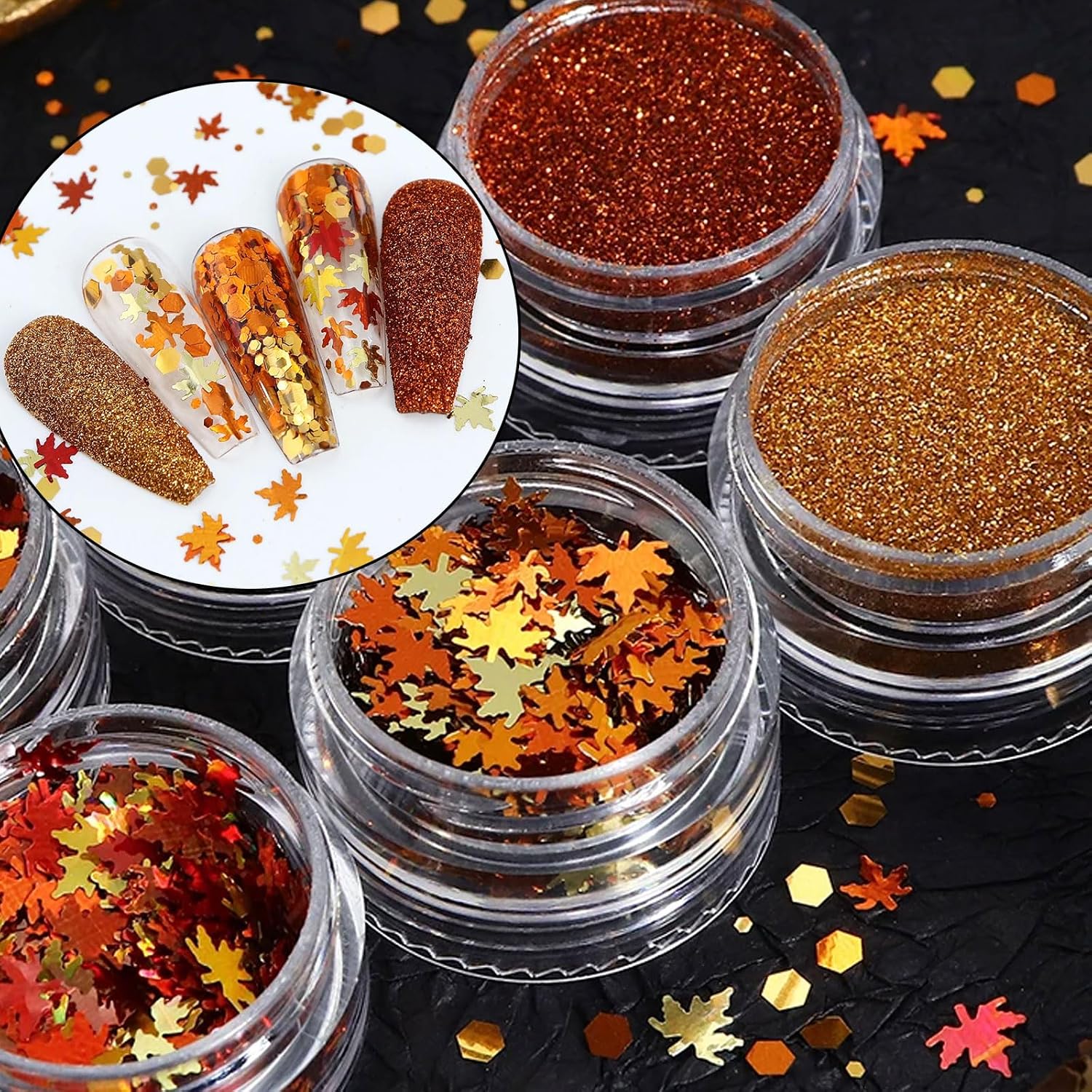 Maple Leaf Nail Glitters Gold & Red Fall Nail Art Sequins with Holographic Glitter Powder |Autumn Thanksgiving Nail Supplies for Women Sparkly Manicure Decorations for Halloween Christmas DIY Nails
