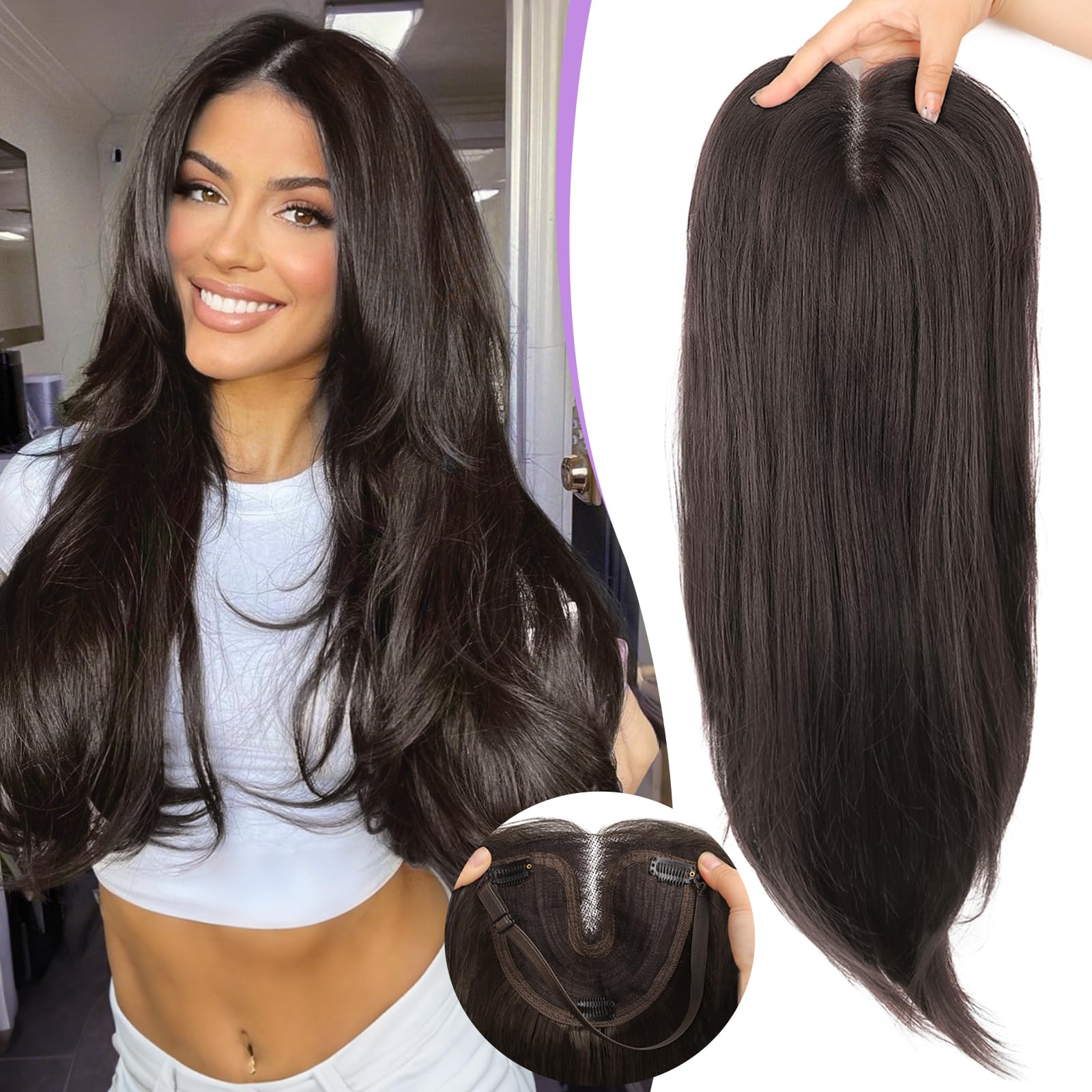 Eawwii Dark Brown Hair Toppers for Women with Thinning 3D 360° Cover Clip in Wispy Bangs Upgraded Adjustable Bandage 24 Inch Long Layered