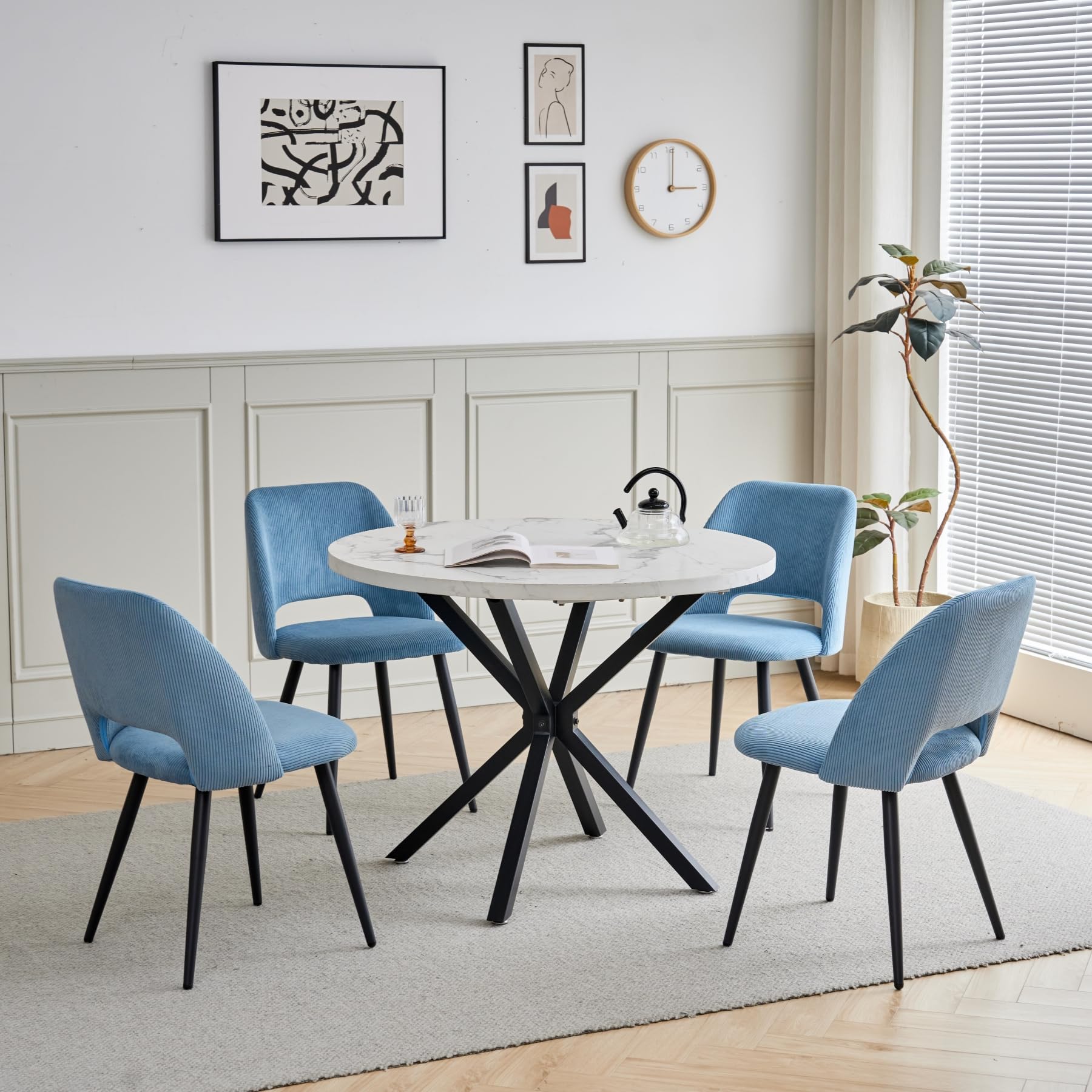 Esstisch und Stuhlset, 100 cm Runder MDF Esstisch, 4 Gepolsterte Küchenstühle aus Cord mit Hohlrückenlehne, für Esszimmer, Wohnzimmer, Küche (Marmormuster-BK+ Blau)