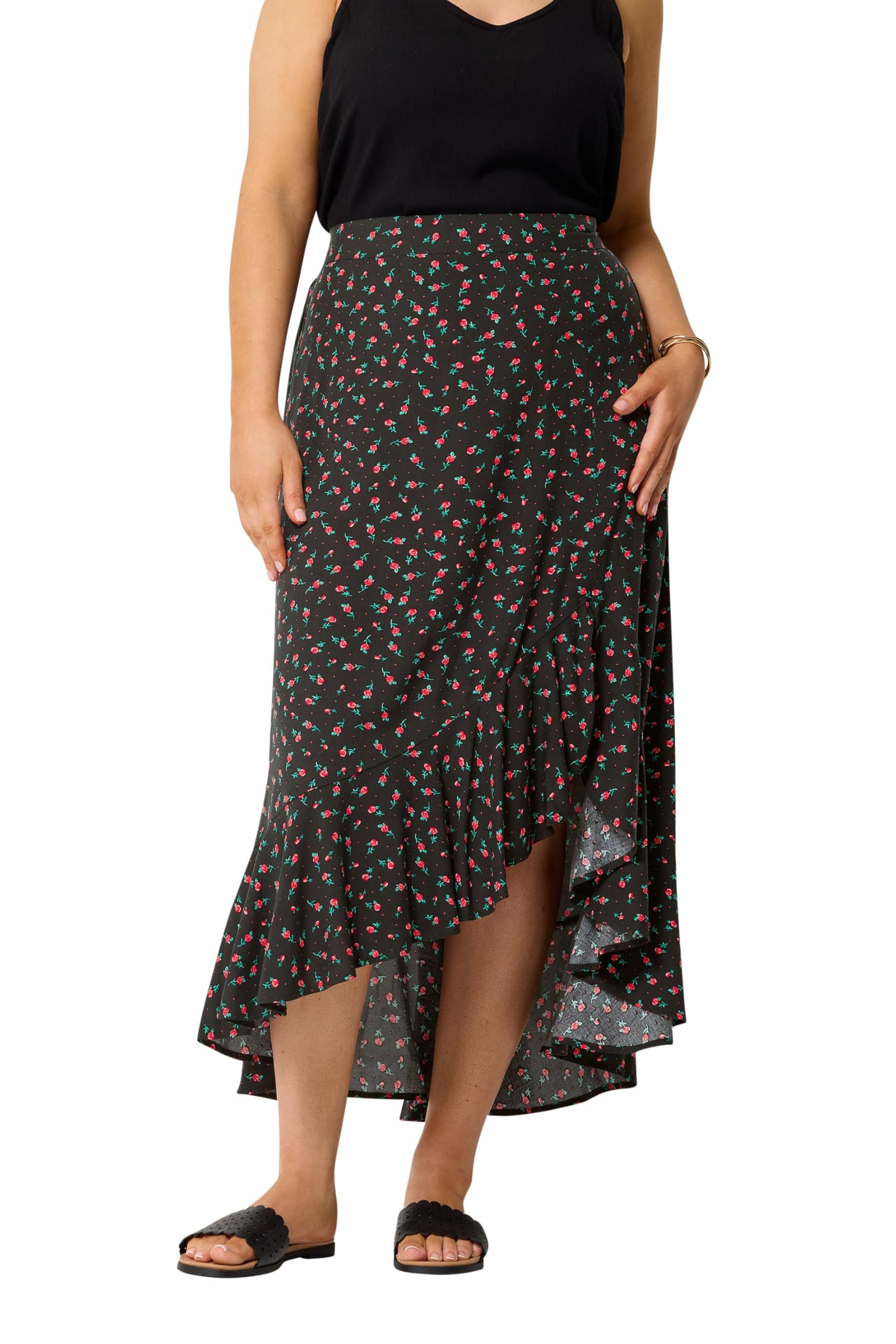 Yours Women's Black Ditsy Floral Ruffle Maxi Skirt In | Size: 30-32