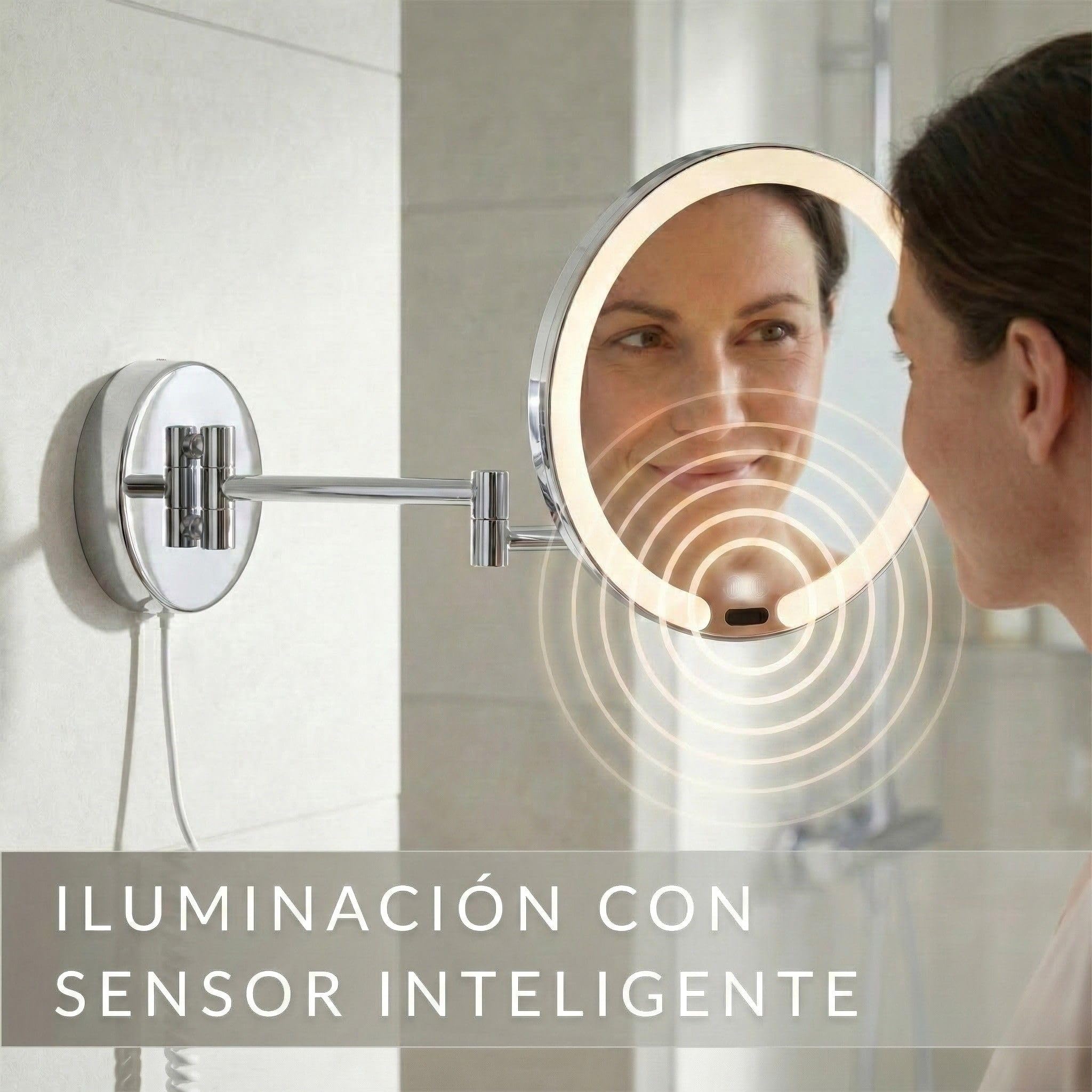Vittoria Espejo de Aumento de Pared con LED – Espejo de Maquillaje Redondo 7X con Sensor y Atenuador – Brazo Extensible en Metal Cromado, Cable Blanco