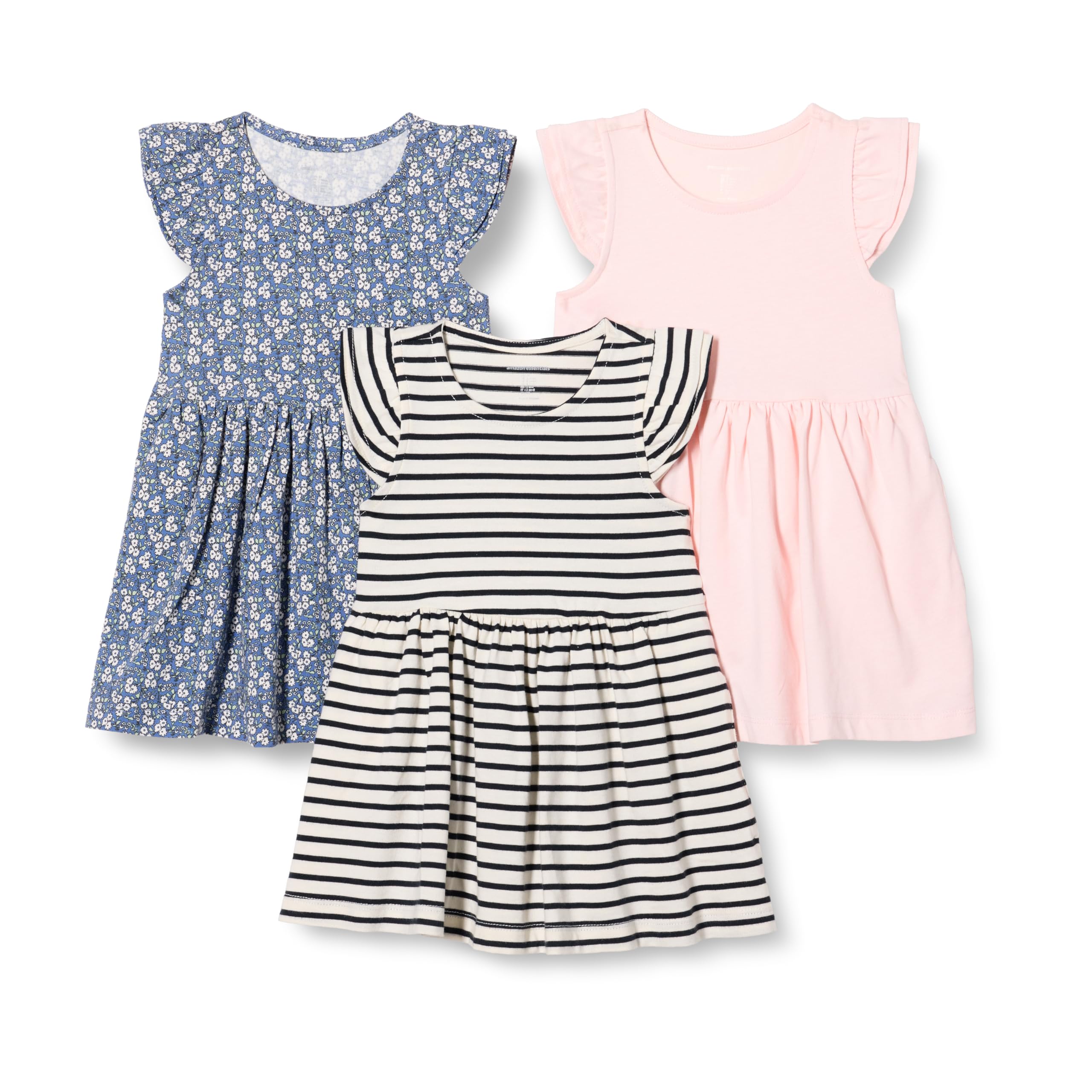 Amazon Essentials Girls' Girls and Toddlers 3-Pack Ruffle Jersey Dress, Pale Pink/French Stripe/Floral, 4T