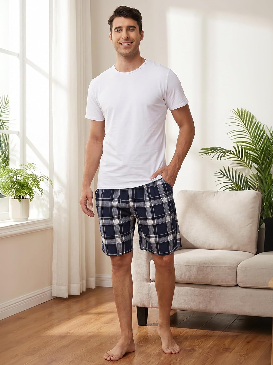 yuyangdpb Men's 3-Pack Woven Pajama Short Cotton Plaid Sleepwear Shorts Button Open Fly with Pockets