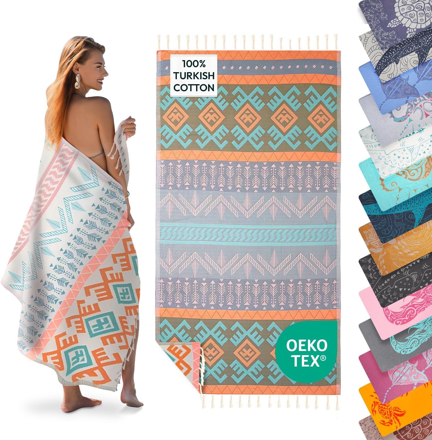 Sun Drunk Turkish Beach Towel XL (Boheme) - Cotton Turkish Beach Towels Oversized, Sand Free Swim Towel Quick Dry for Travel, Pool Towels Oversized Fast Drying for Bath, Soft & Lightweight