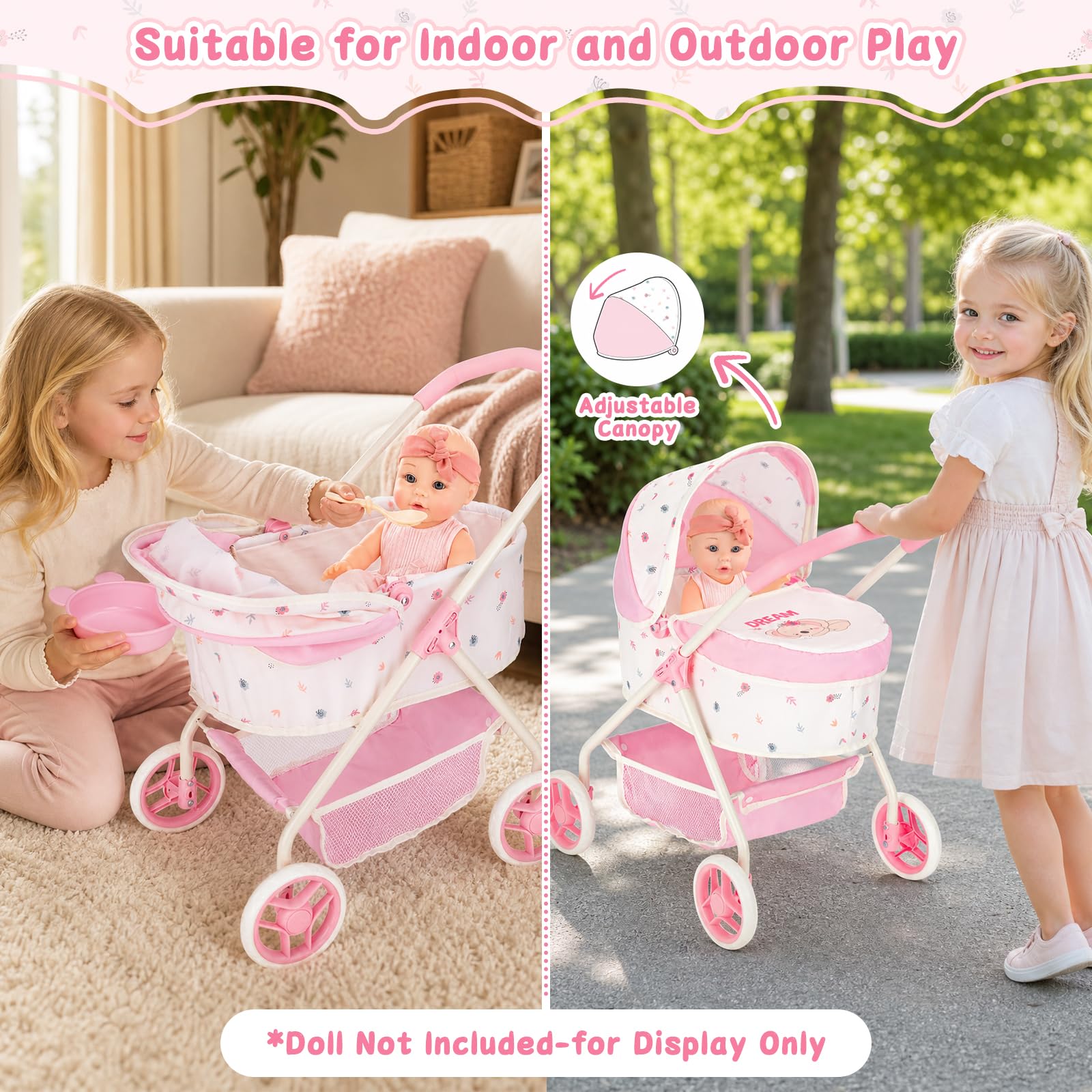 deAO Poussette Poupee 2 en 1 avec Capote pour Poupées 60 * 49.5 * 36.5cm | Roues Silencieuses pour Intérieur et Extérieur, Compacte, Landau et Canne pour Poupées jusqu'à 38 cm