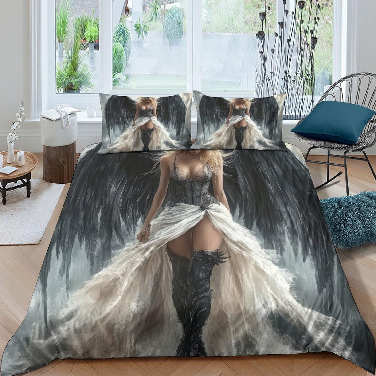 Ctjqhvkz Style-3 3D Printed Dark Angel Fitted Sheet Microfiber Soft Black Feather Fantasy Mattress Cover For Bedroom Dorm Decor Single（135X200cm）