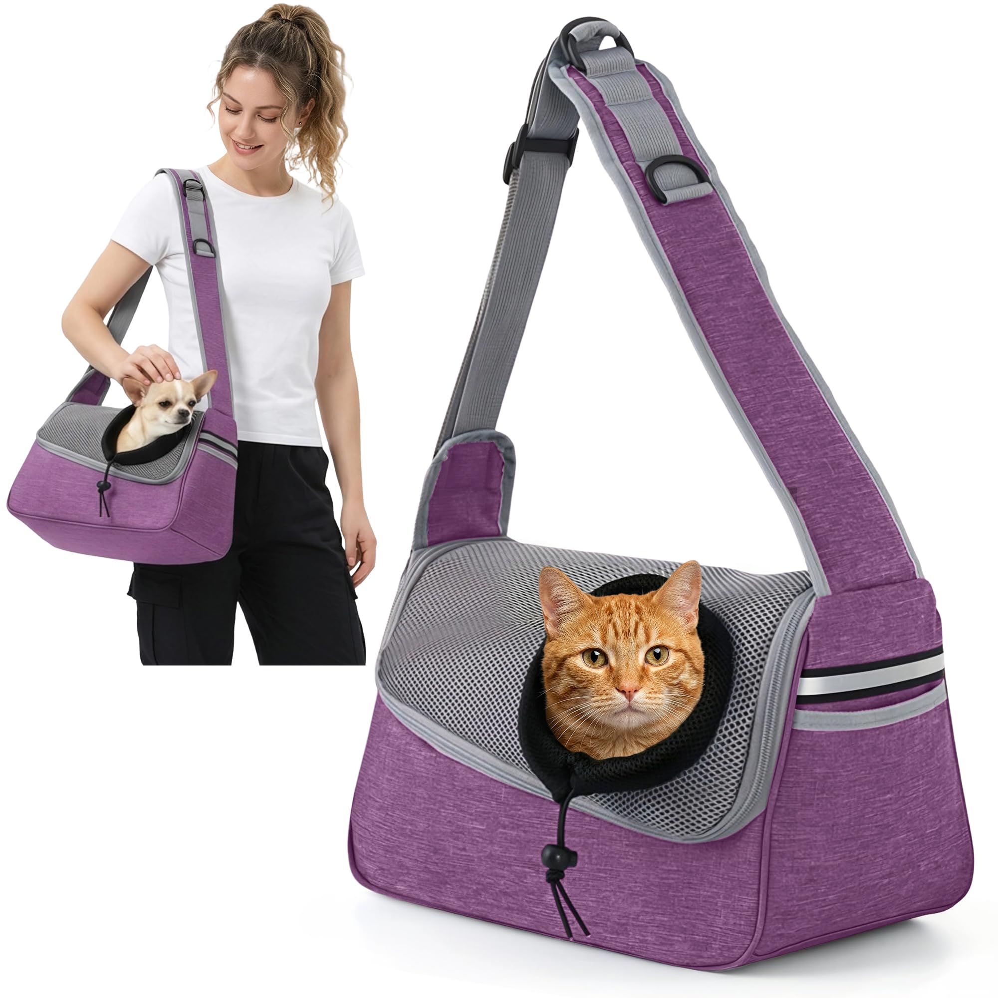 ALLSOPETS Dog Sling Carrier for Small Dogs Cats – Breathable Puppy Sling, Adjustable Shoulder Strap with Side Pocket, Travel Cat Carrier for Outdoor Camping (Plum Purple)