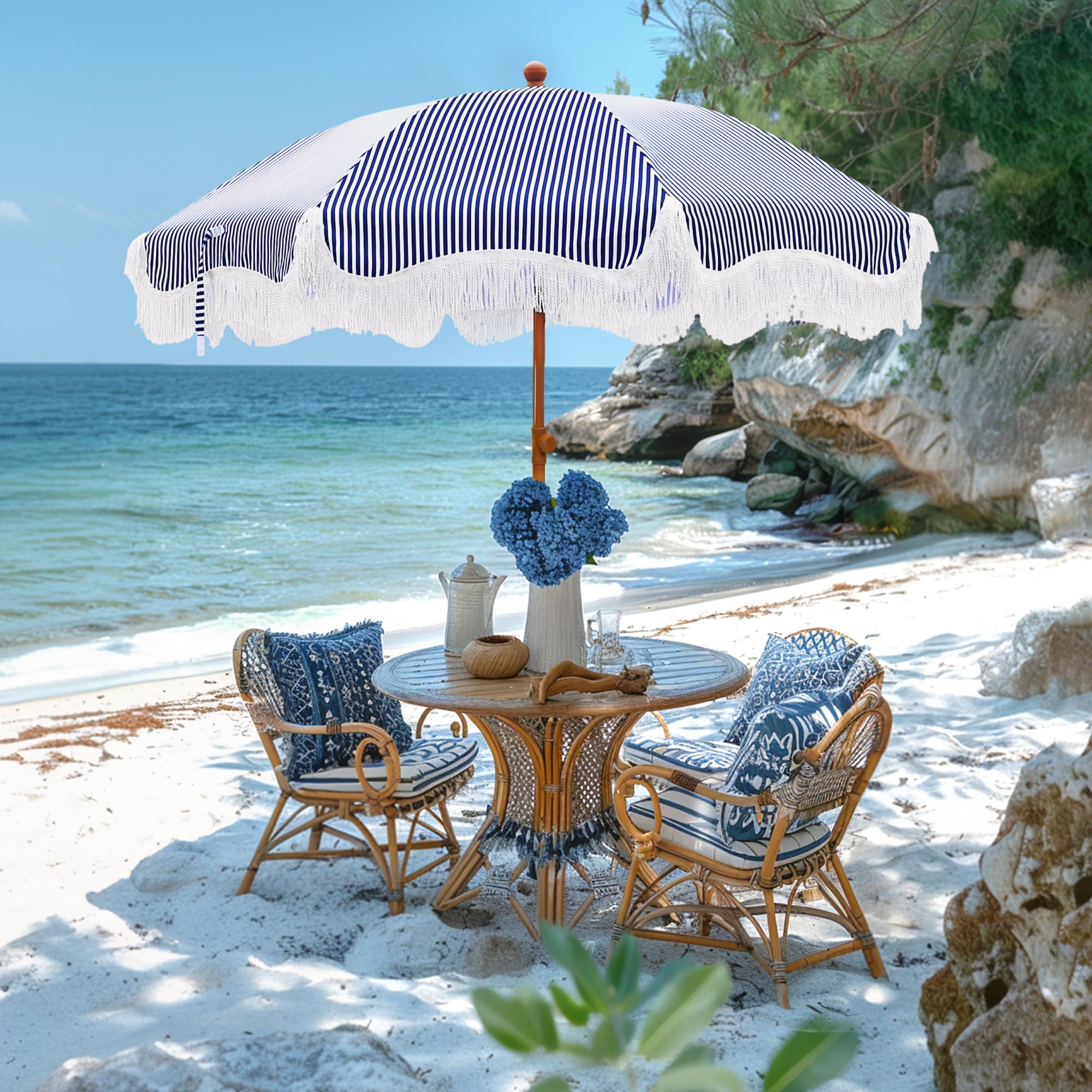 Sophia & William Patio Umbrellas 7ft Outdoor Beach Umbrellas with Fringe Holiday Umbrella UV 50+, Portable Tilt Beach Umbrella with Carry Bag for Sand Patio Lawn Garden Pool Outing Balcony Navy Stripe