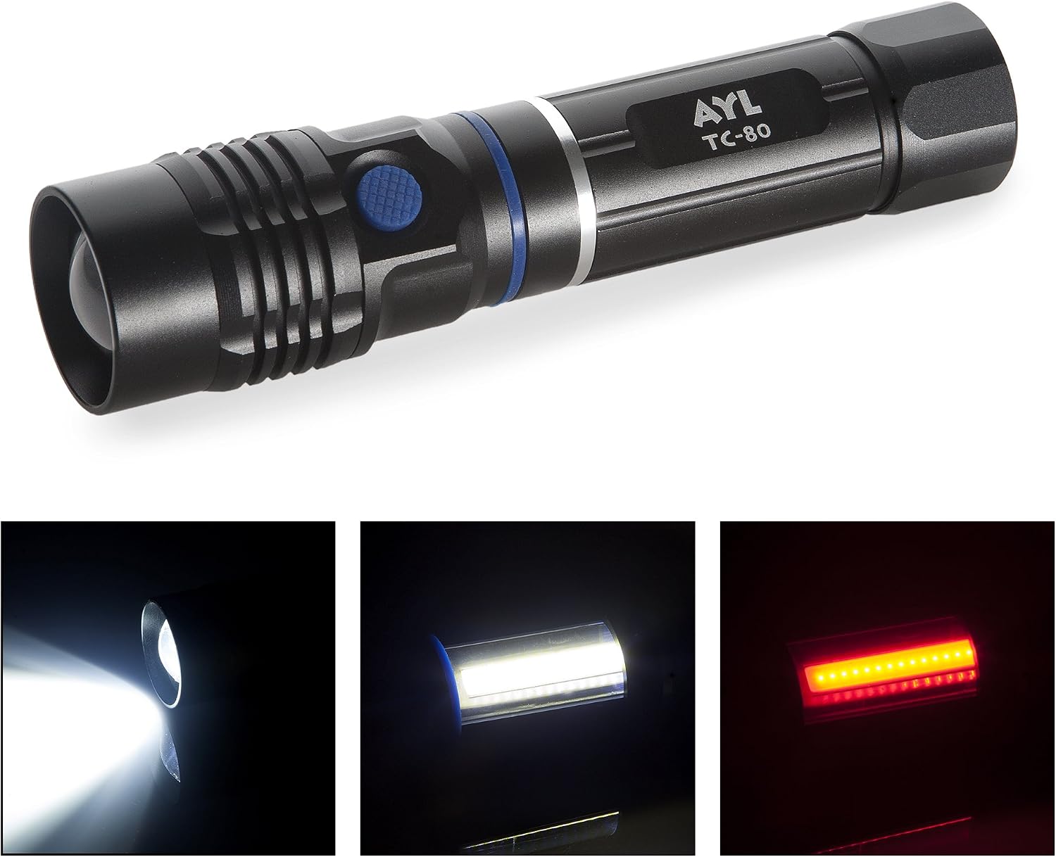 AYL TC80 4-In-1 LED Flashlight CREE - Tactical Emergency Nightlight - Telescoping Aluminum Body, Magnetized Base - Water Resistant Handheld Spotlight For Work, Auto, Camping, Garage - Battery Powered