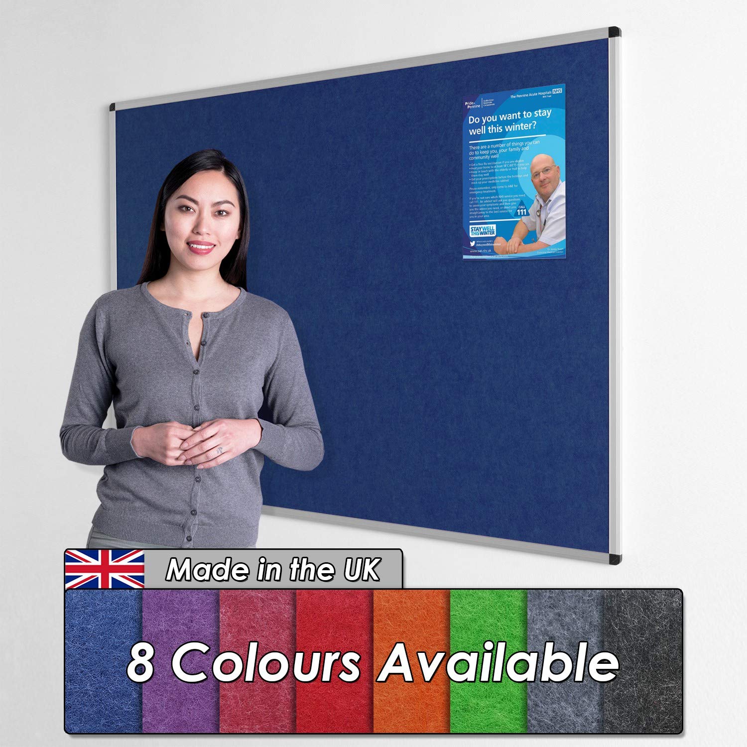 Wonderwall Fully Fire-Resistant Notice Board - Aluminium Frame - 120 x 90cm with Fixings, 8 Colours to Choose from (Blue)