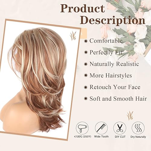 Miniatura 3 de LEOSA Peluca larga en capas rubias en capas de 16 pulgadas, peluca de cabello ondulado natural para mujeres, uso diario, fiesta, pelucas de repuesto