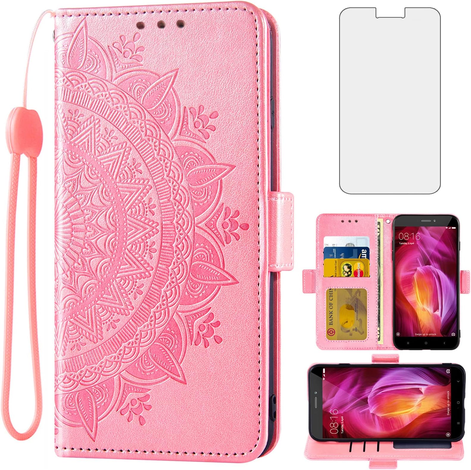 Asuwish Compatible with Xiaomi Redmi Note 4/4X Wallet Case and Tempered Glass Screen Protector Credit Card Holder Flip Purse Wrist Strap Stand Cell Phone Cover for Redme Note4 Note4X Women Rose Gold