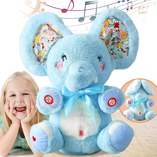 Baby Blue Peek A Boo Elefante de peluche de elefante cantante, repite lo que dices, musical para niños pequeños con orejas en movimiento, juguete de