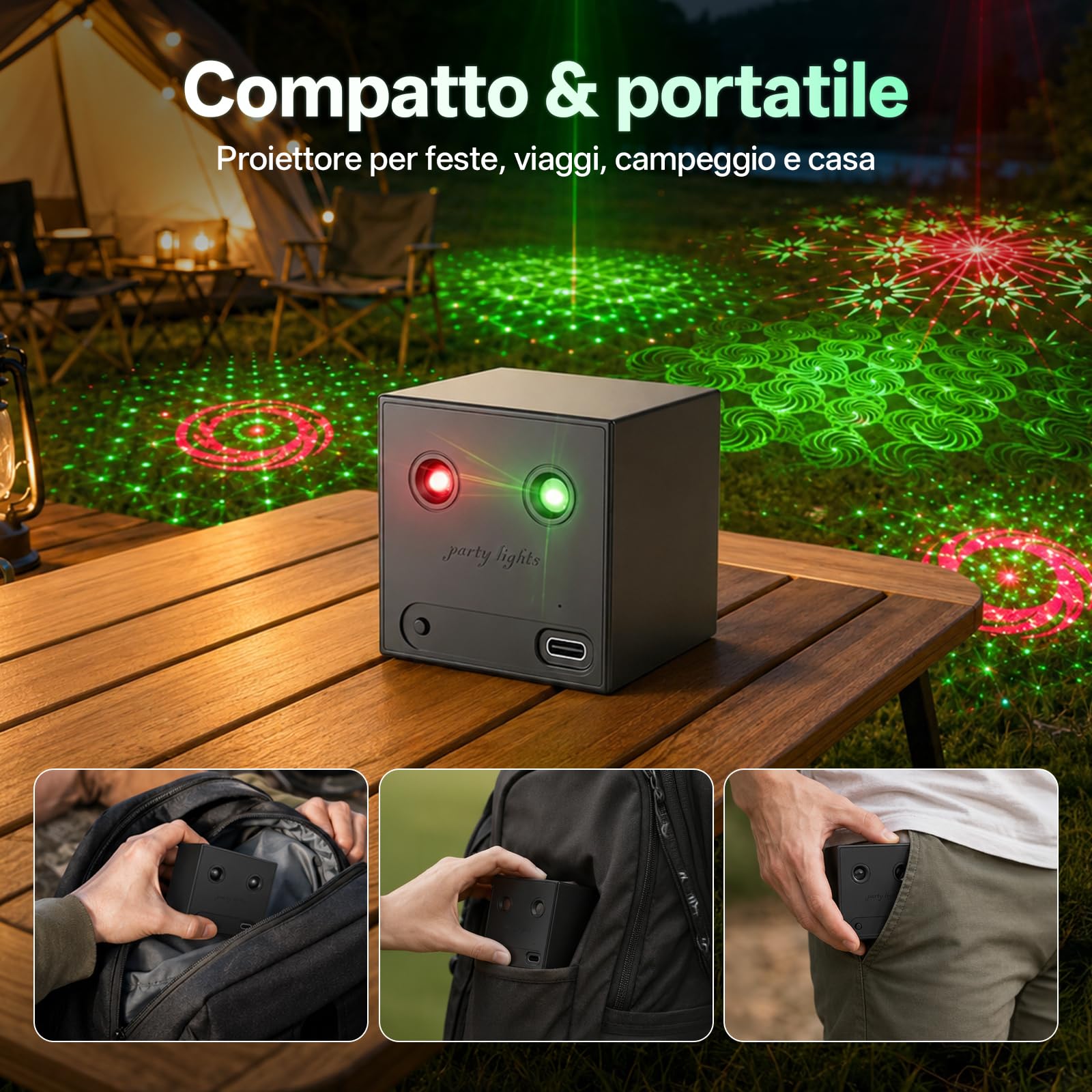 4PCS Mini Luci Discoteca Batteria, R/G Luce di Scena Controllate dalla Musica con 64 Effetti Luminosi Dinamici, Ricarica Type-C, Luci Festa per DJ Bar Club Halloween Matrimoni Natale
