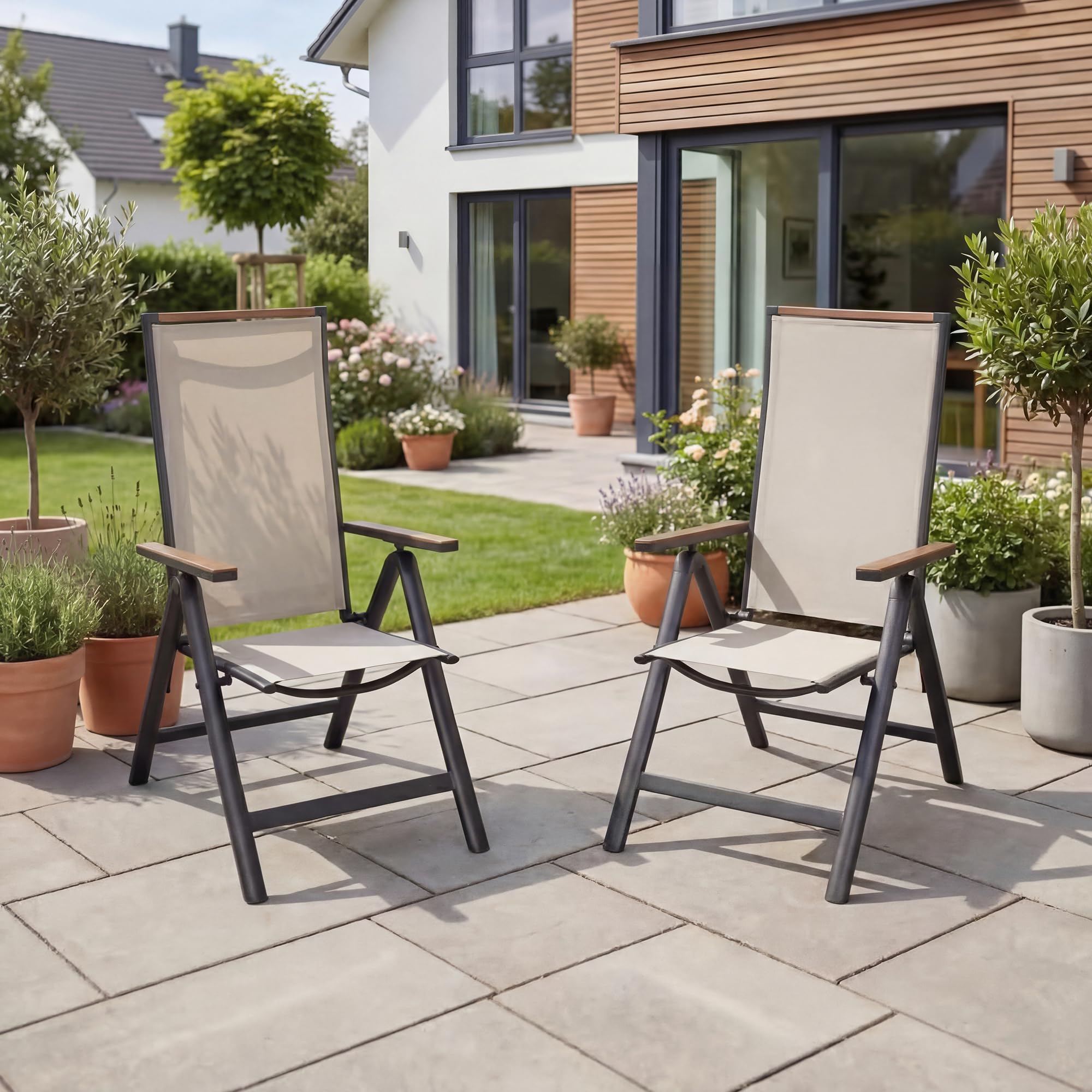 Grand patio Silla de jardín de Respaldo Alto, Plegable Silla de Aluminio, con Reposabrazos Resistentes, Ajustable de 6 Posiciones, Ligera, Portátil, Silla para Interiores (Beige)