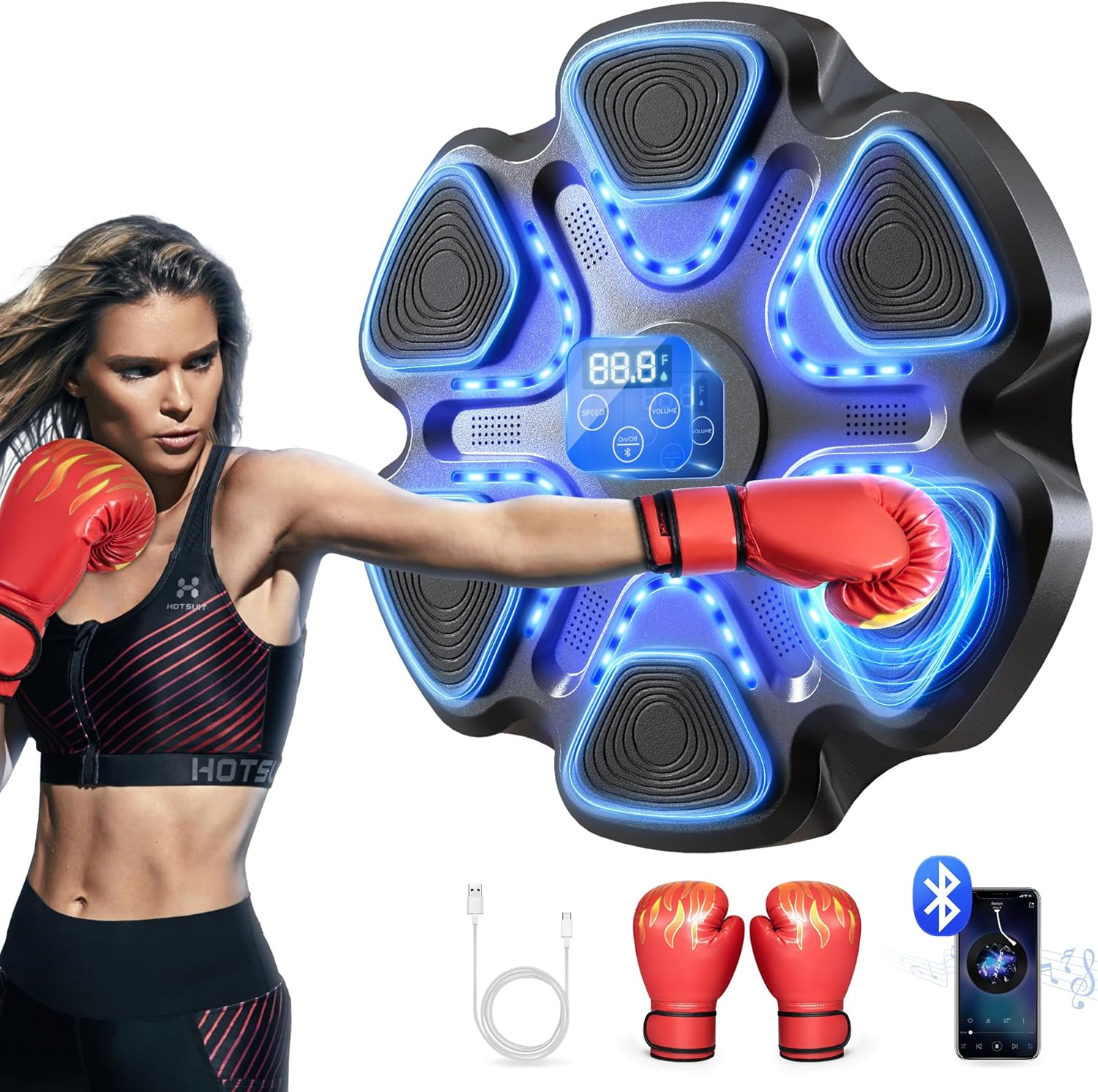 Music Boxing Machine with Gloves for Adults Boxing Machine Wall Mounted Music, Smart Bluetooth Boxing Equipment for Home and Gym, Training Machine with LED Electronic Wall Mounted (Black And White)