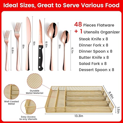 Miniatura 9 de Juego de cubiertos dorados de 48 piezas con organizador, cubiertos de acero inoxidable con cuchillo para carne para 8, cubiertos KITWARE con bandeja