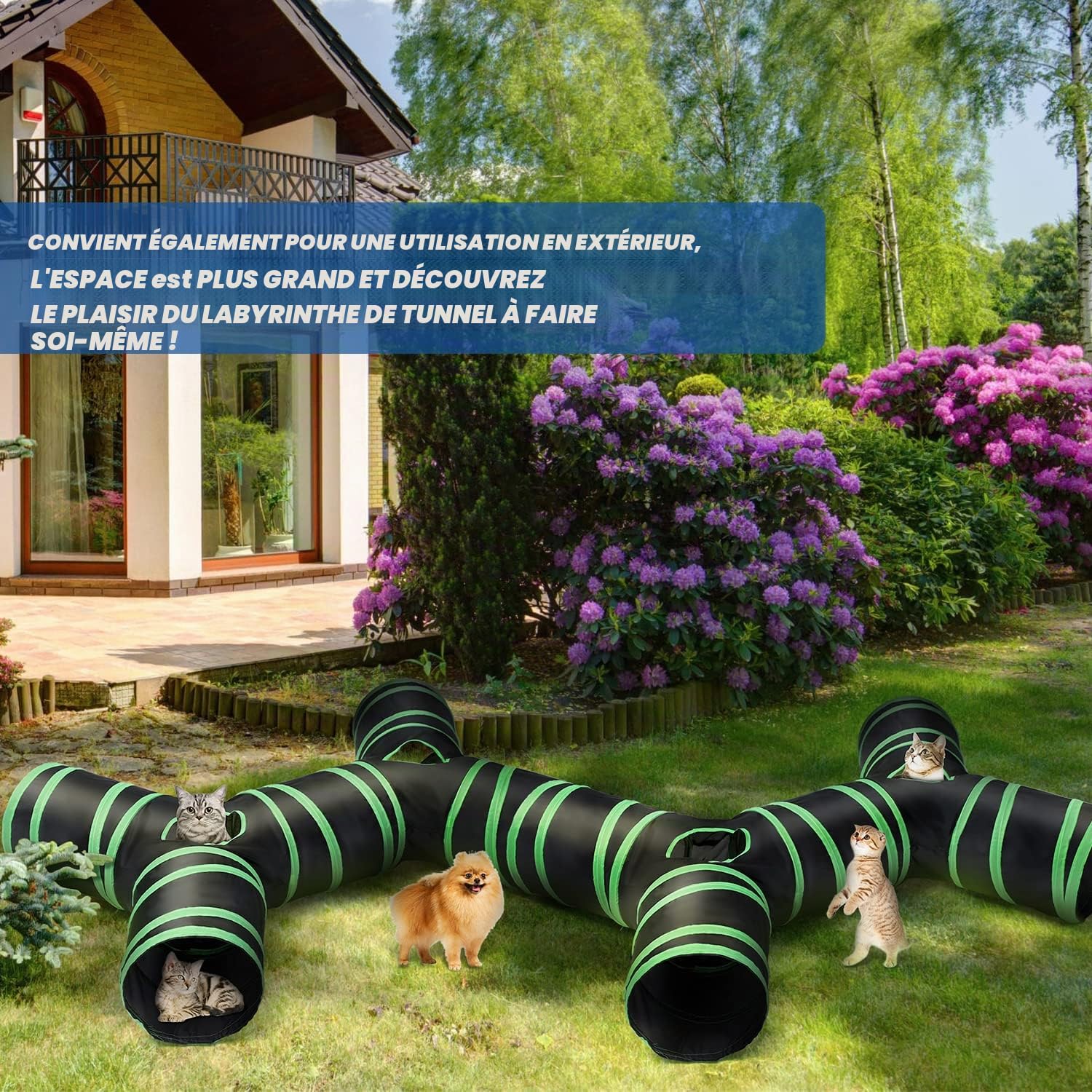 Tunnel de chat de type osseux amélioré, Tube de tunnel de jeu pliable à 4 voies pour chat avec sac de rangement pour chats, chiots, lapins, furets, cochons d'Inde, utilisation intérieure et extérieure