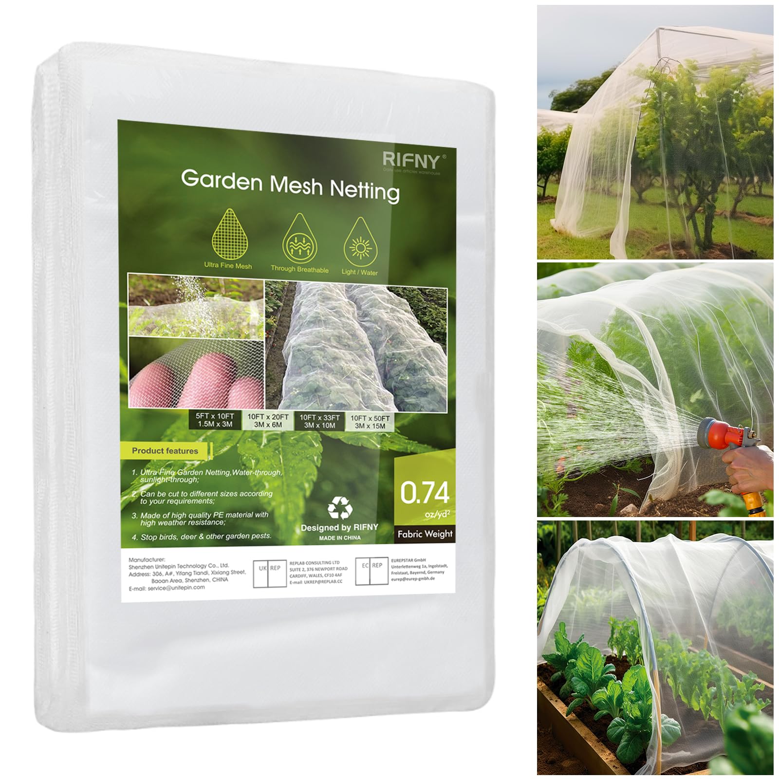 RIFNY Filet de jardin, 3 x 15 m, filet de jardin en maille fine pour extérieur, terrasse, parterre surélevé, protection des plantes, arbres fruitiers, tomates, parasites, cigales (1 pièce, blanc)