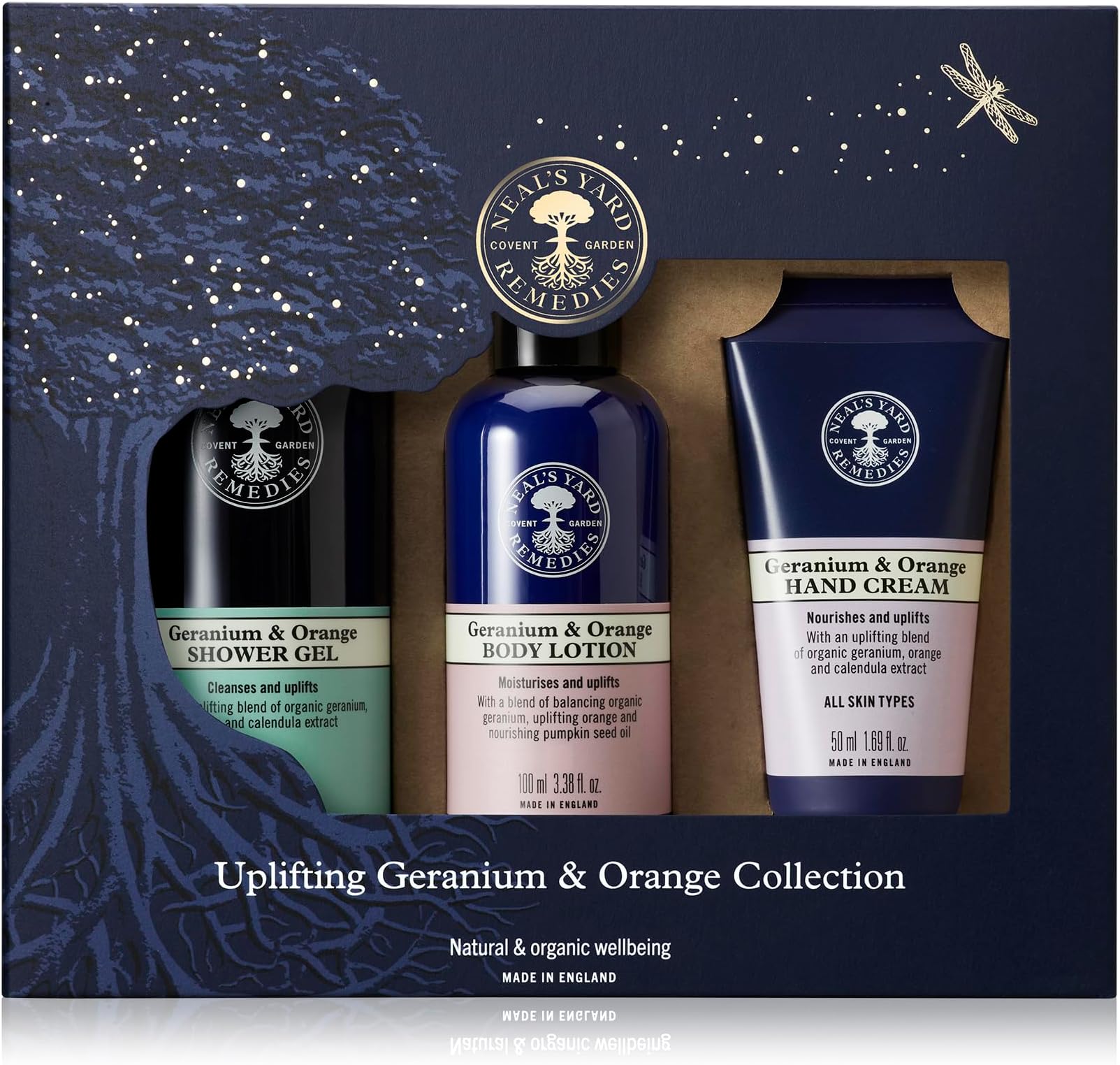 Neal's Yard Uplifting Geranium & Orange Collection with Geranium Essential Oil, For All Skin Types, Vegetarian Approved, Cruelty Free, 3 Piece Set