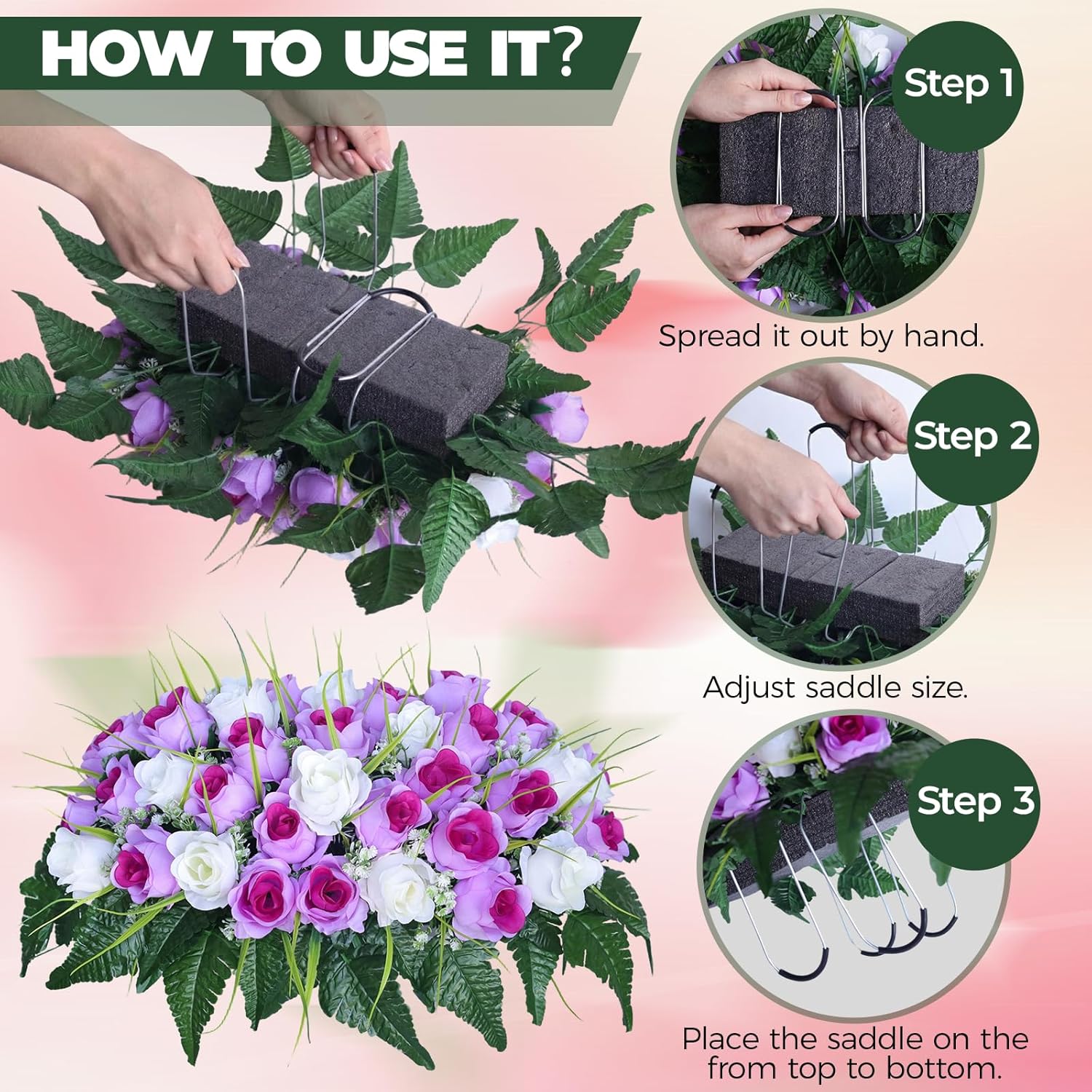 3 PCS Artificial Cemetery Flowers for Grave, Headstone Flower Saddle, Artificial Rose Cemetery Memorial Flowers with Vases for Outdoor Grave Tombstone Decorations (Purple White)