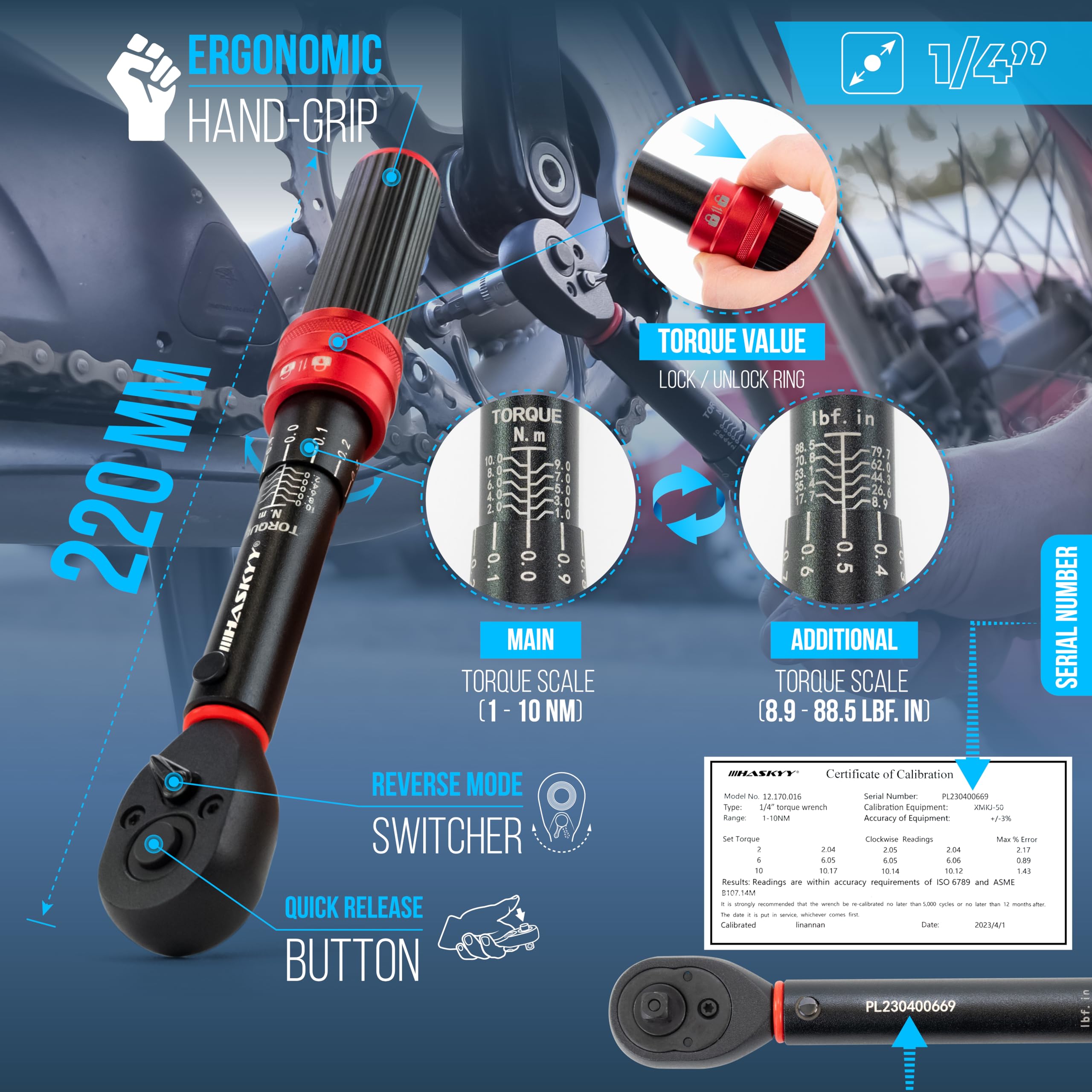 HASKYY Clé dynamométrique 6 mm 1-10 Nm pour vélo, moteur industriel, micro couple, cliquet réglable