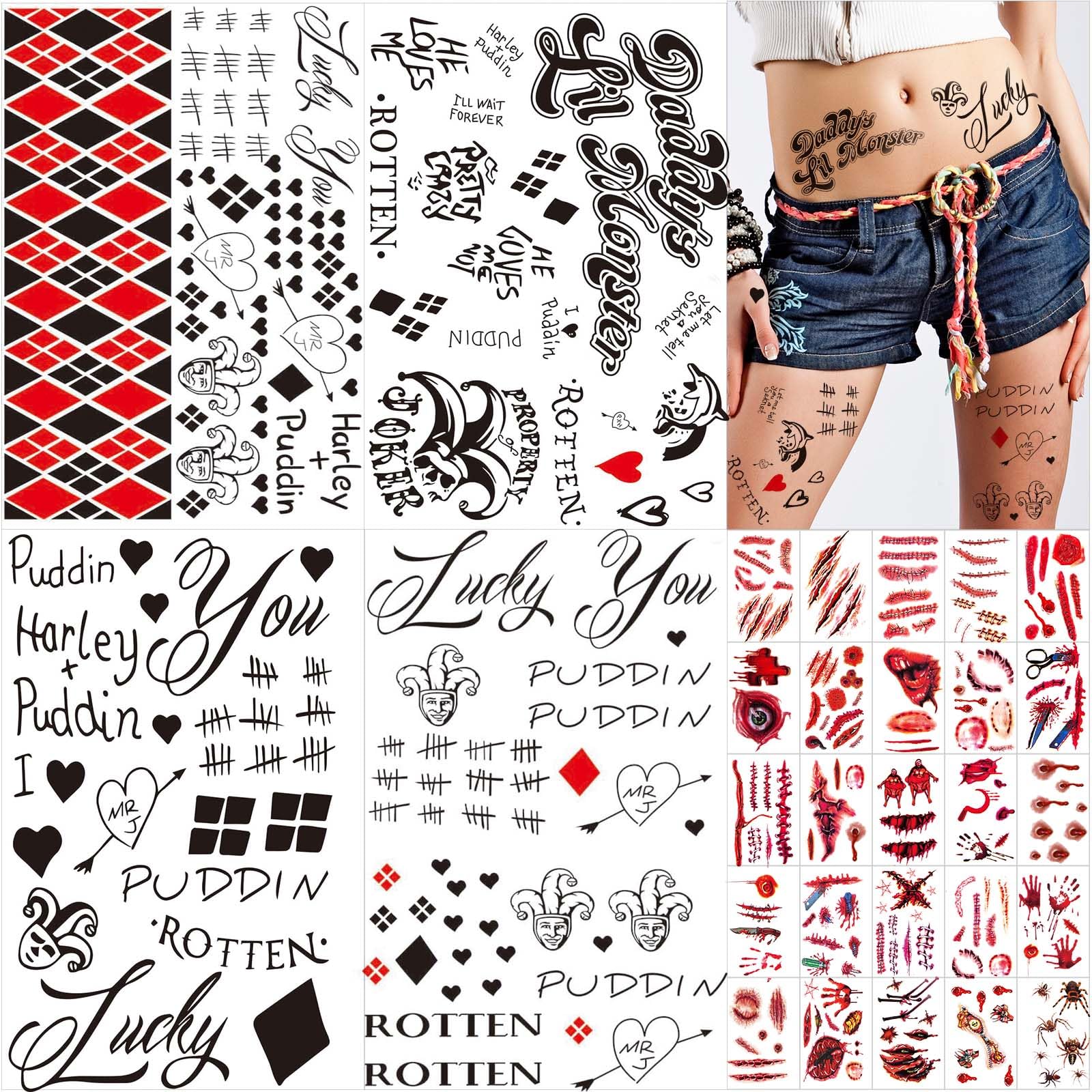 Zeecdatoo 5 Sheets Large Halloween Temporary Tattoos, Fake Tattoo Stickers for Cosplay Costumes and Party Accessories, Large Size 8.2'' x 11.6'' -Section B