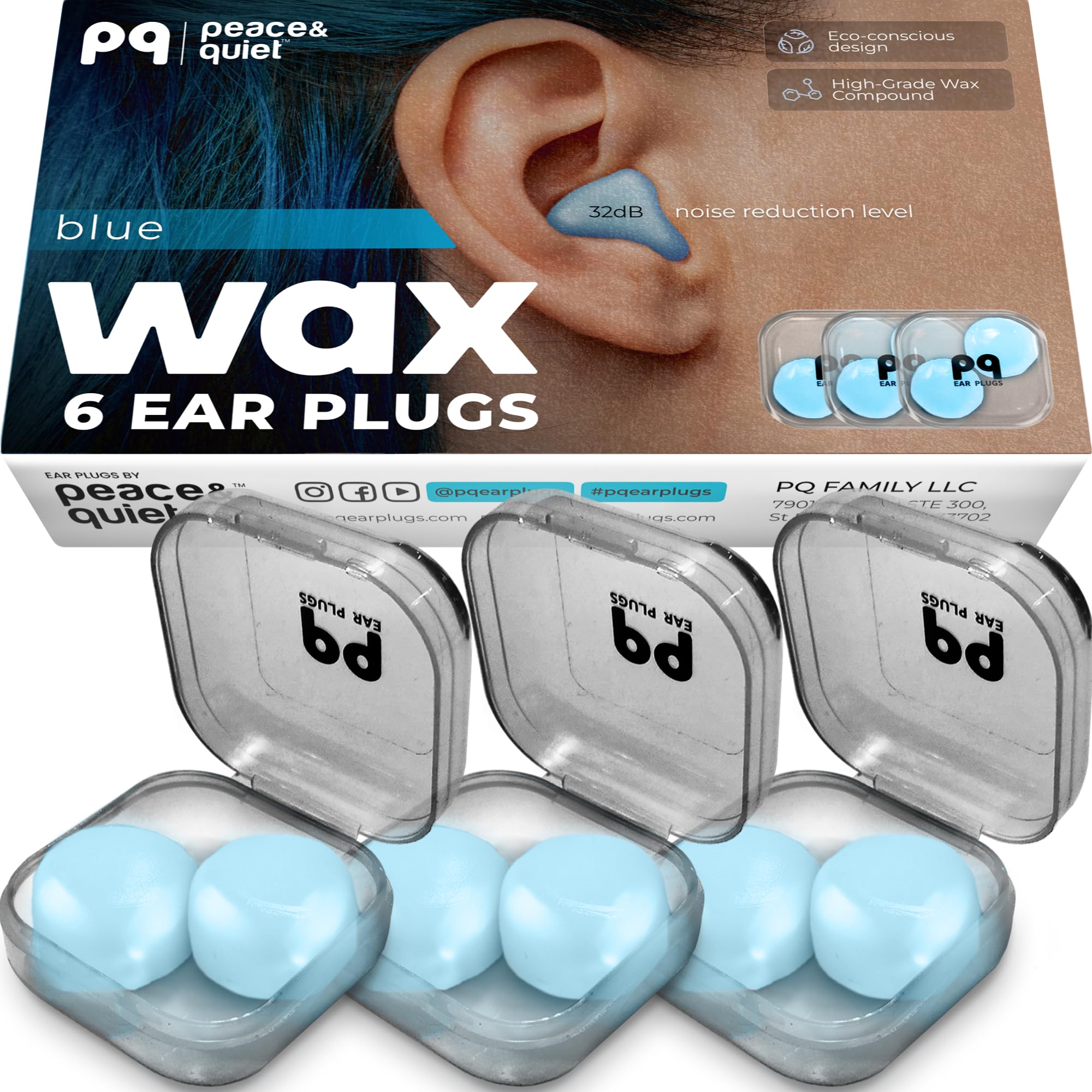 Peace&Quiet PQ Wax Ear Plugs for Sleep - 6 Silicone Wax Earplugs for Sleeping and Swimming - Gel Ear Plugs Noise Cancelling, Protect Ears While Sleeping with Sound Blocking 32 Db (6-Pillows), Blue