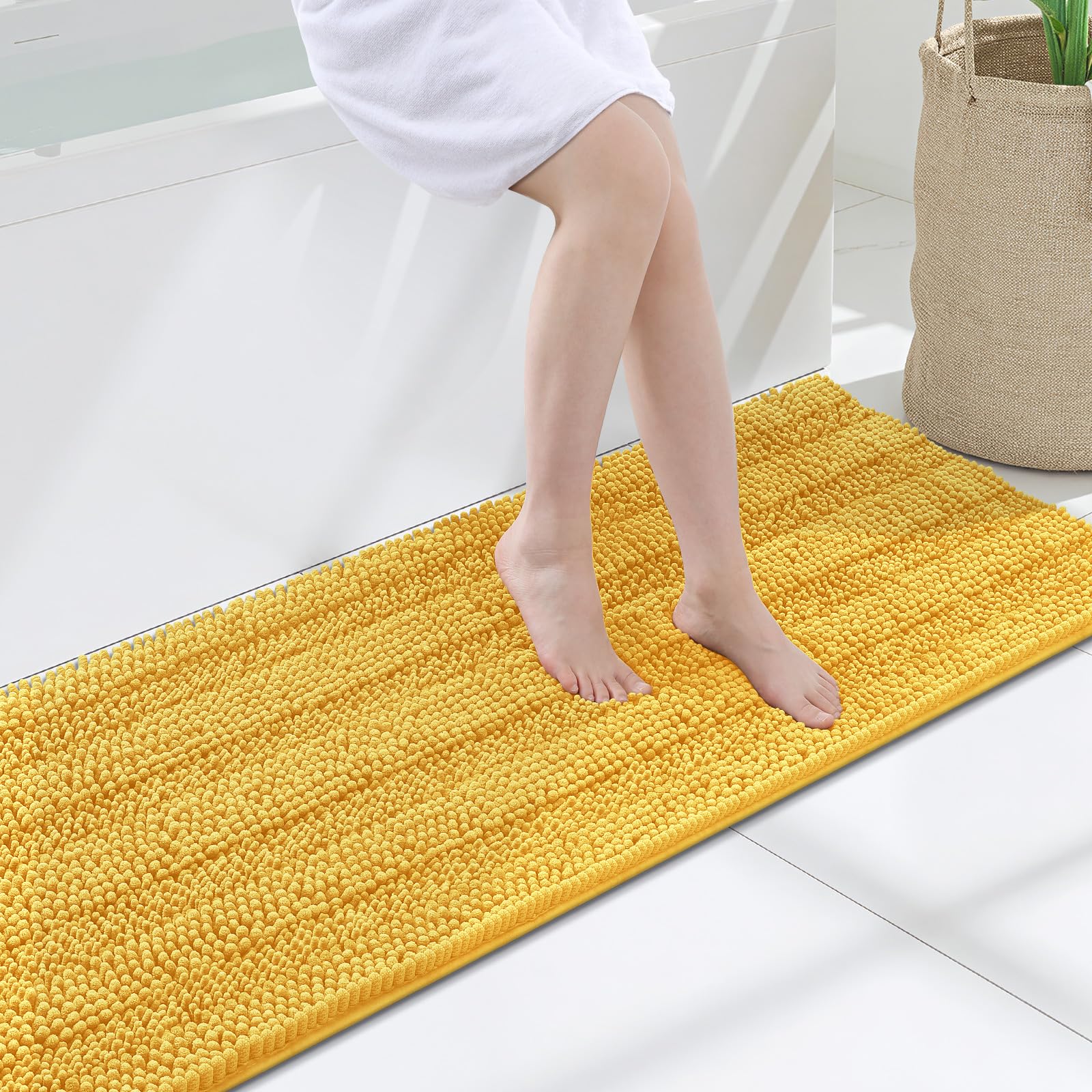 Grandaily Chenille Bathroom Rugs 47x17, Soft Bath Mats, Light Yellow