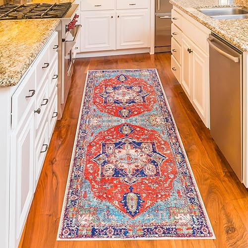 ErwAad Alfombra de pasillo de 2 x 6 pies, color rojo y azul, diseño desgastado de medallón bohemio, no desprende pelo y es suave, lavable, ideal