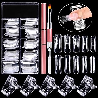 EBANKU 100 PCS Clear Nail Extension Form Tips Dual Nail Mold Full Cover UV Polygel Gel Tools Acrylic Nail System Forms Set with Black Dual-Ended Polygel Brush & Picker 5Pcs Nail Tips Clip (Pink)